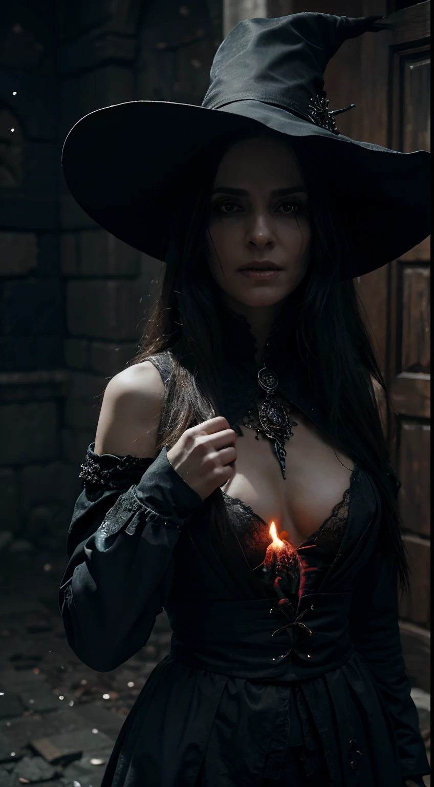 "A highly detailed and intense depiction of a terrifying necromancer sorceress, Mid-shot and dramatically captured on ultra-detailed 8K wallpaper, mostrando una complejidad intrincada".