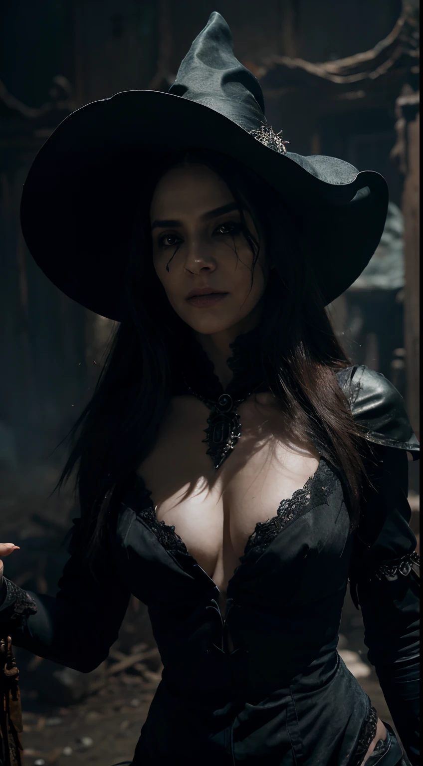 "A highly detailed and intense depiction of a terrifying necromancer sorceress, Mid-shot and dramatically captured on ultra-detailed 8K wallpaper, mostrando una complejidad intrincada".