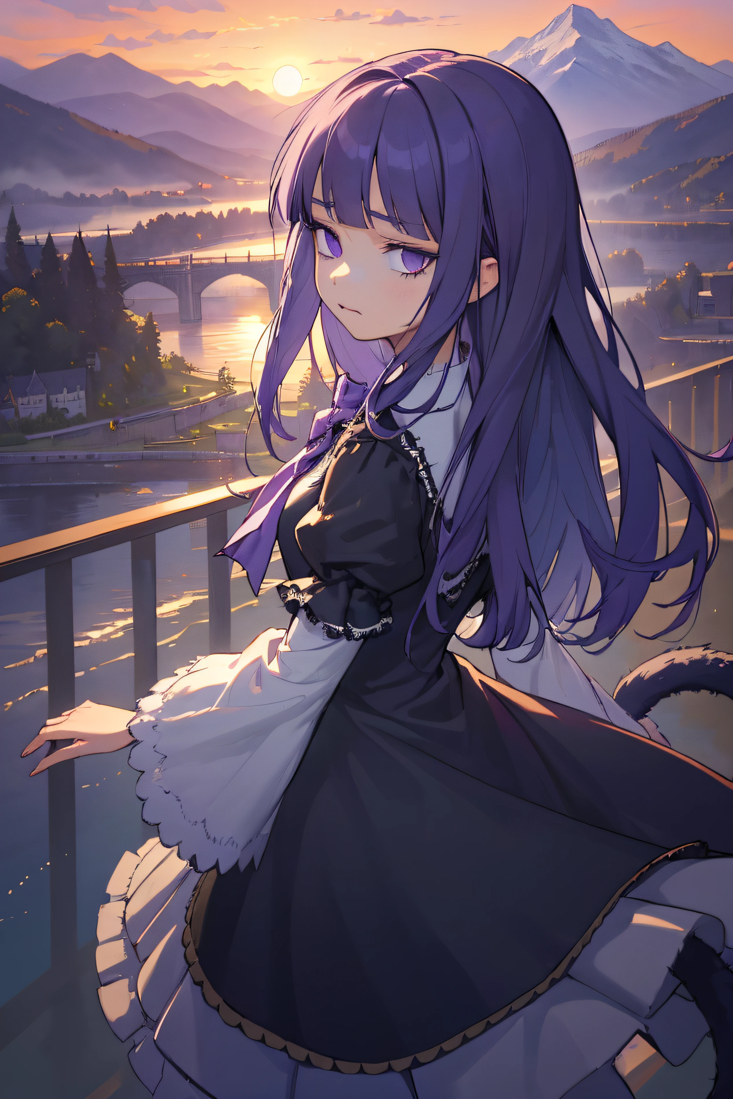 (masterpiece),best quality, frederica bernkastel, dress, purple hair, bowtie, tail bow,tail ornament, cat tail,blank eyes, inexpressive face, on a bridge, close, outside, french castle far away, lake, persistent stare, mountains, redsky, fog,