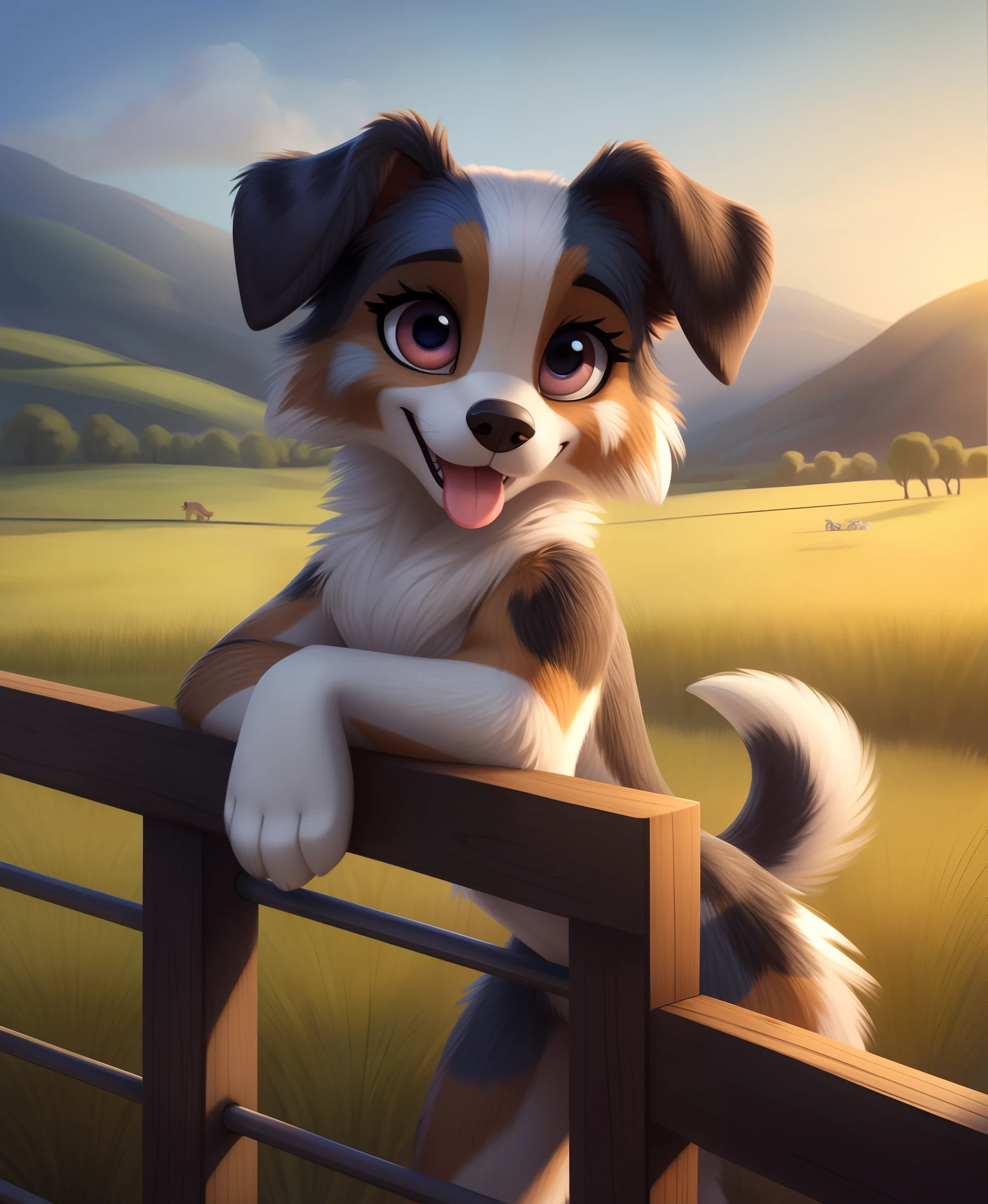 (by qupostuv35:1.0), (by siroc:0.8), female, (Detailed face), [(thin:1.1) : small petite : (Australian shepherd):4], (Detailed face), (more details, detailed background:1.1), lush eyelashes, tail, teases with tongue, (field:1.2), at the ranch, leaned on the railing,, looking at viewer,