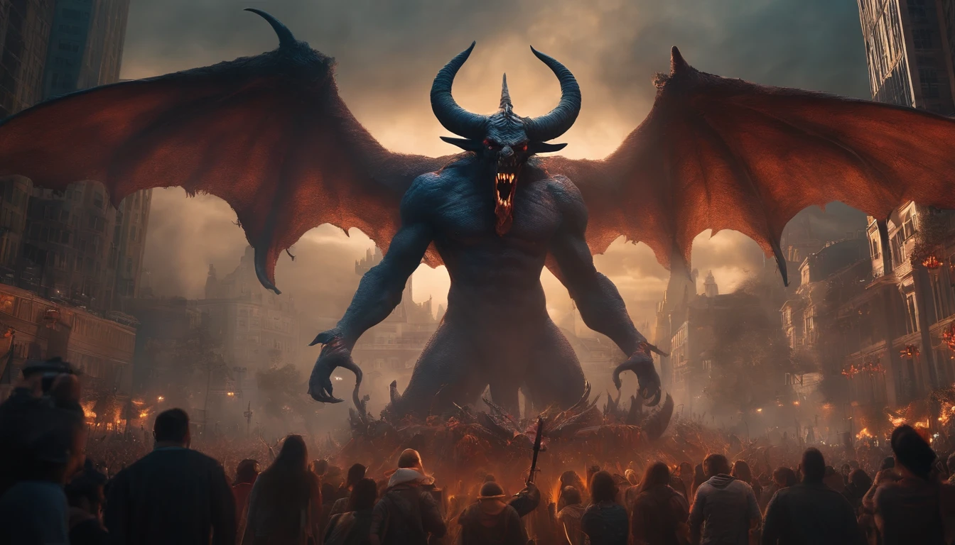 Giant Earth Demon with Giants' Wings and Terrifying Horns Spread Across a City and with a Sword in the Midst of a Large Crowd of People