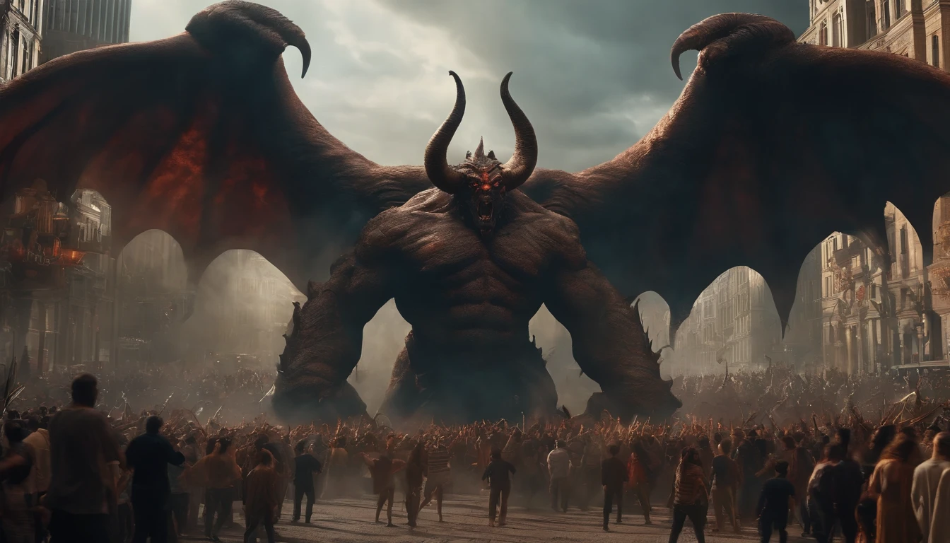 Giant Earth Demon with Giants' Wings and Terrifying Horns Spread Across a City and with a Sword in the Midst of a Large Crowd of People