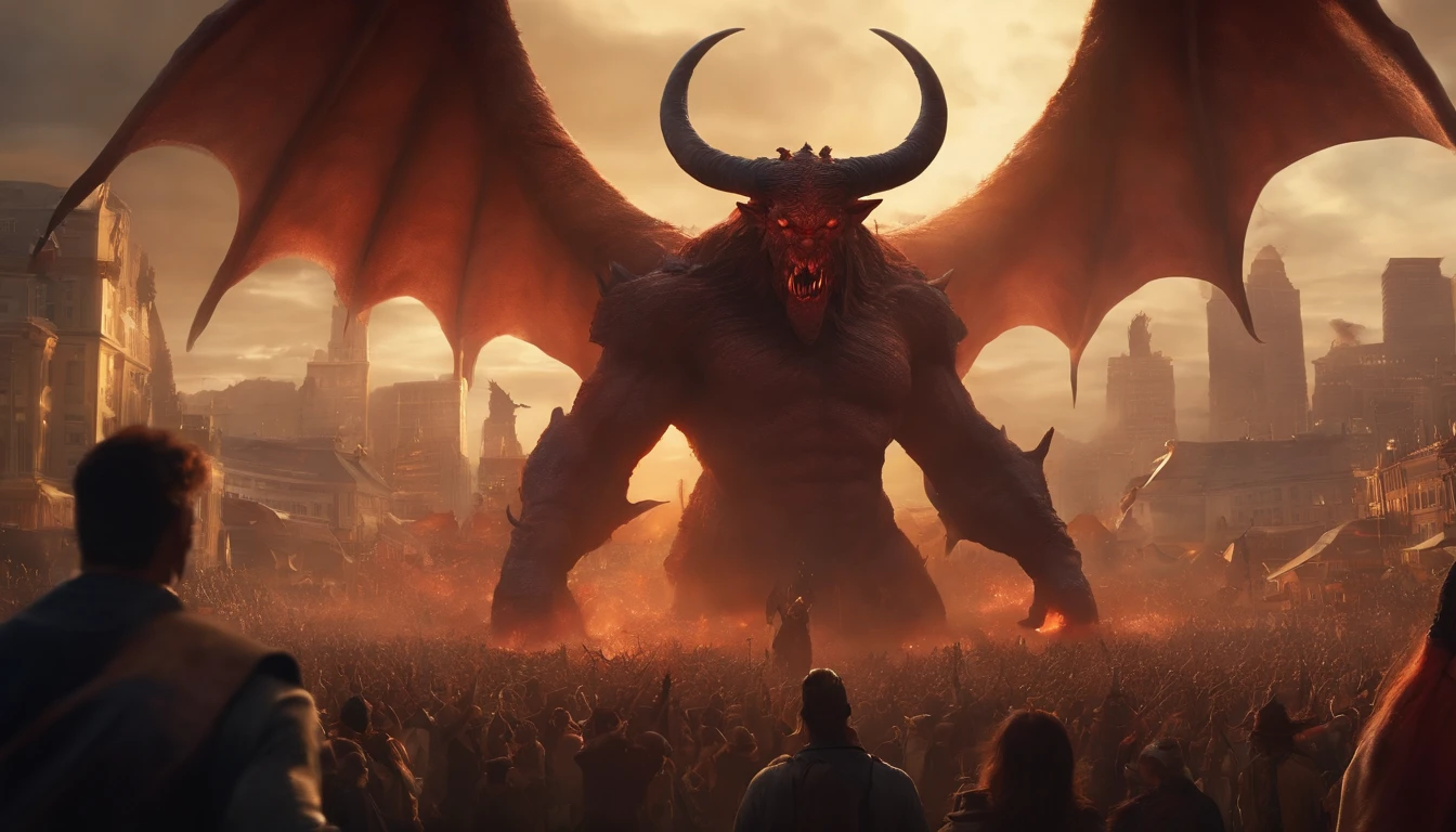 Giant Earth Demon with Giants' Wings and Terrifying Horns Spread Across a City and with a Sword in the Midst of a Large Crowd of People