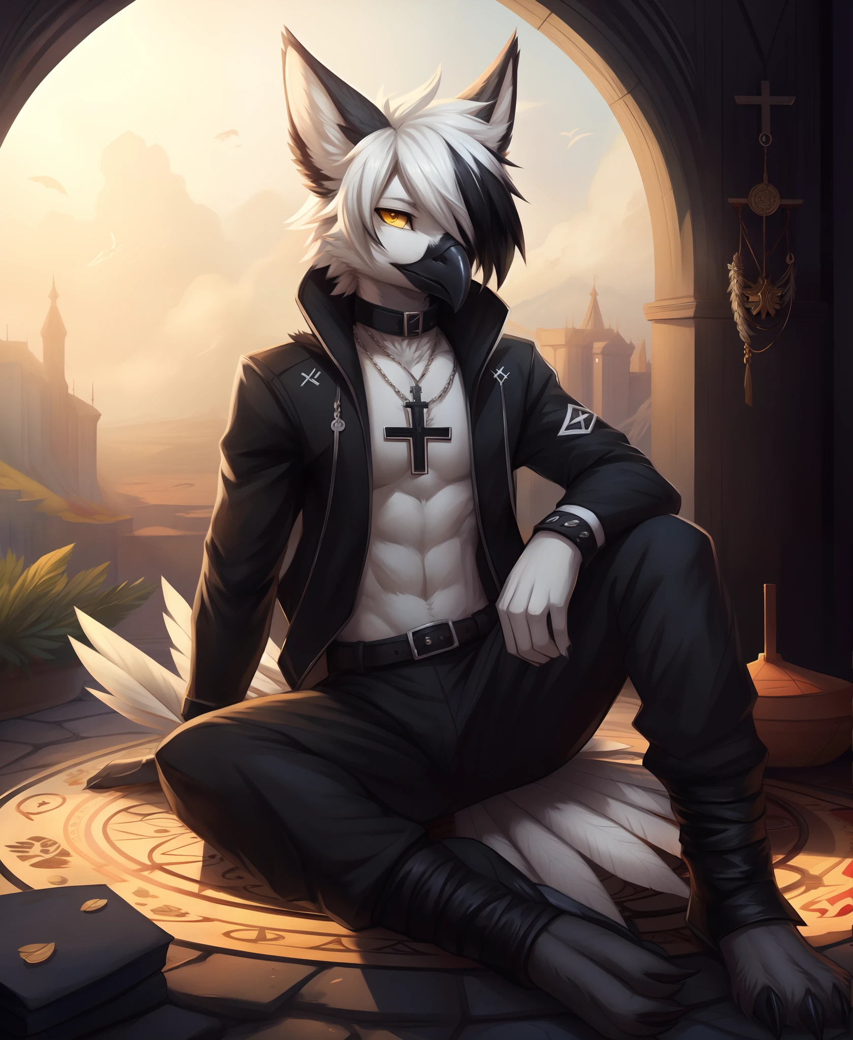 magic circle, (by zackary911, by jarnqk, (by waspsalad:1.2)), Anthro, Avian, Bird, Beak,Emo, (twink), Final Fantasy Clothing, Pants, Black Jacket, Paws, Yellow Eyes, (Black Gray and White fur:1.2), White Hair, Black Highlights in hair, (Small Cross Tattoo Under Right Eye:1.1), Detailed Fur, (Tail Feathers:1.3), Perfect Anatomy