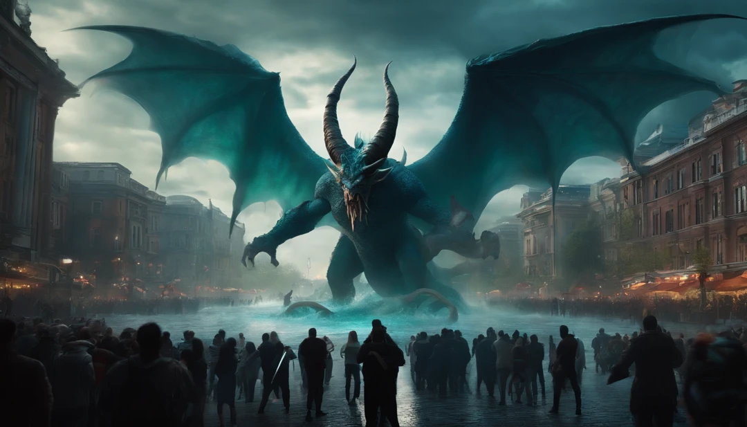 Giant water demon with giants' wings and terrifying horns spread across a city and with a sword in the middle of a large crowd of people