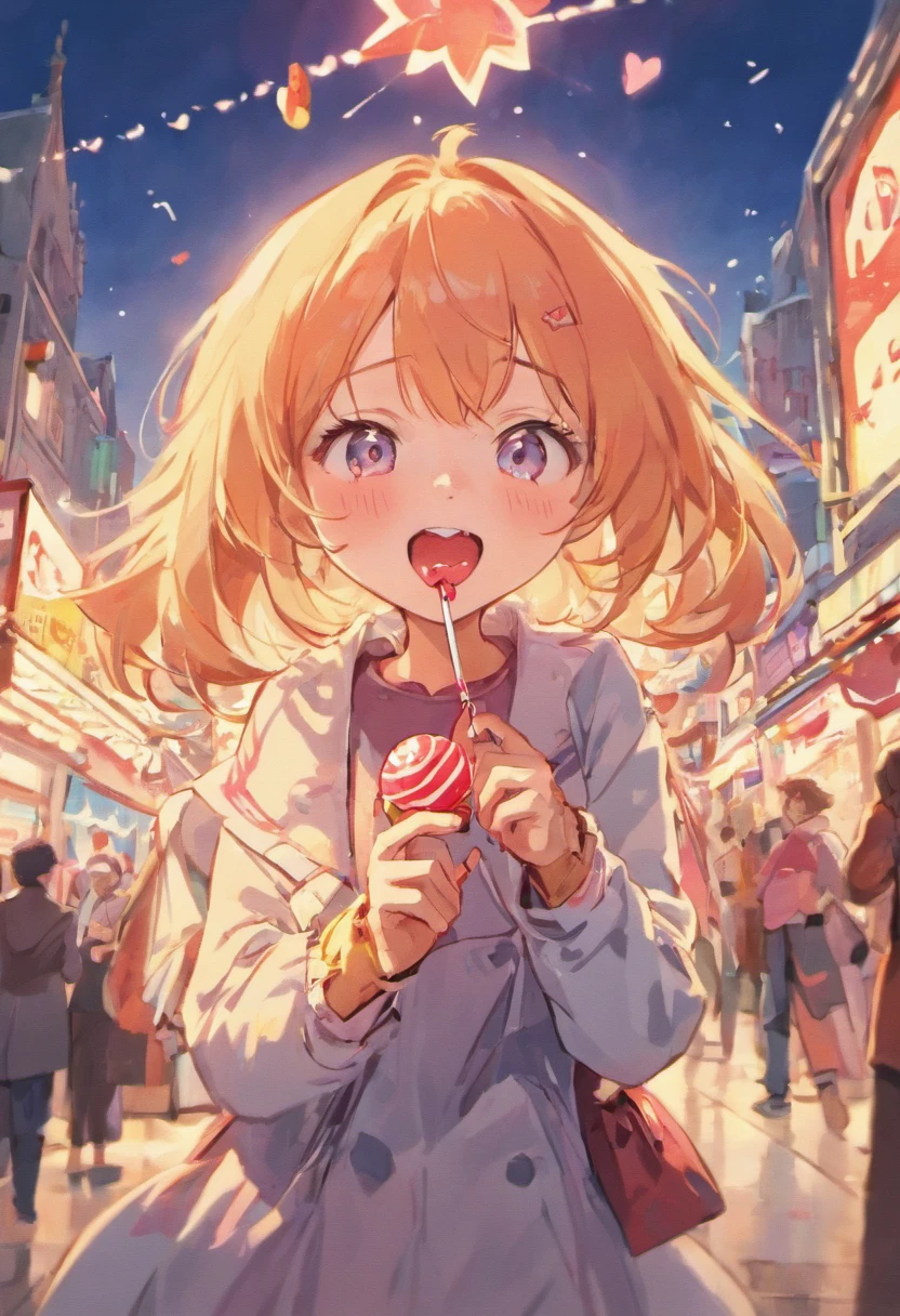 "the woman ang man eating candy, cheerful version, delighted expression, holding a lollipop, smiling"