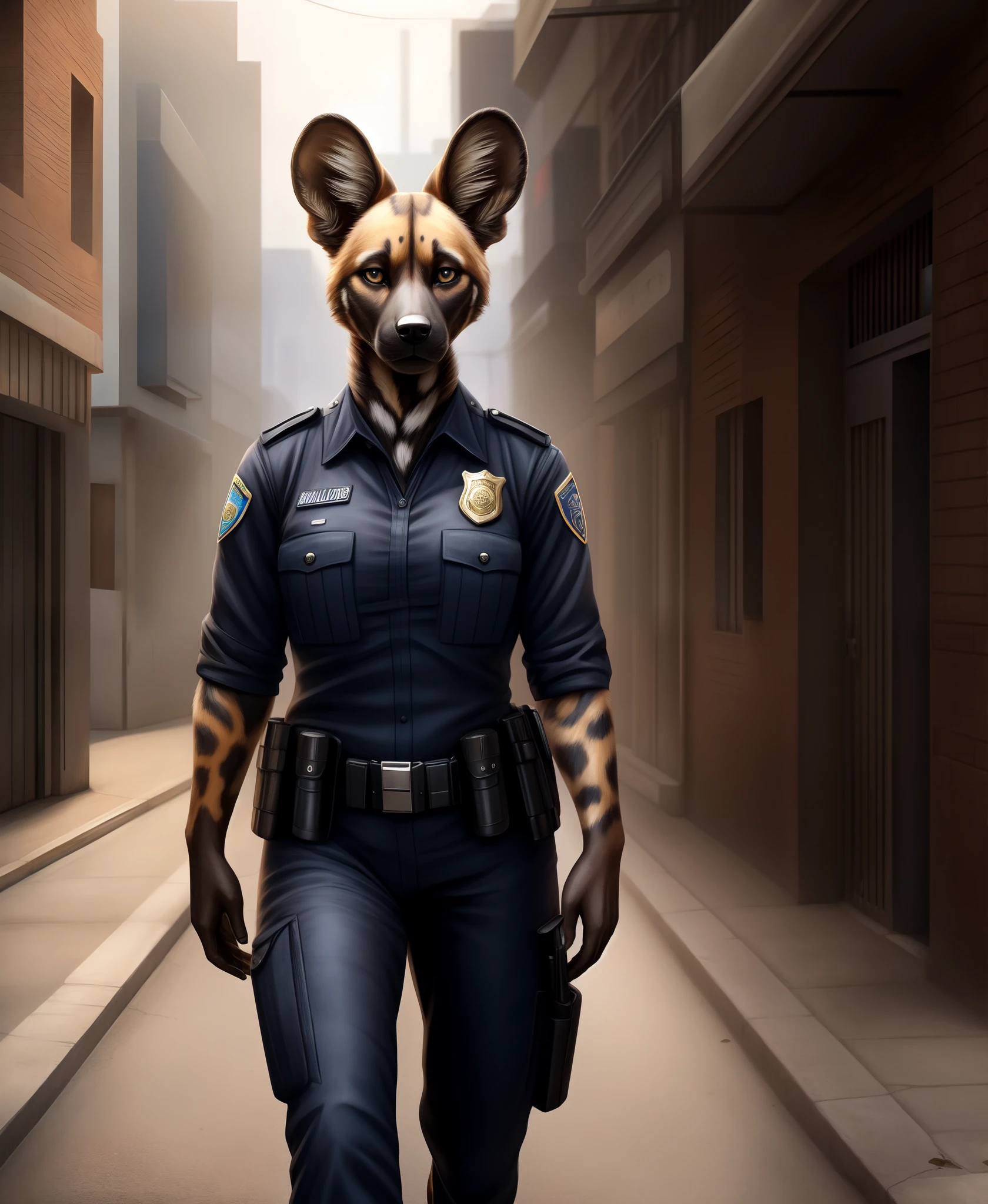 anthro, african wild dog, solo, female, adult, police uniform, realistic fur, detailed background, street background, realistic, photorealistic, ultra realistic, 8k,