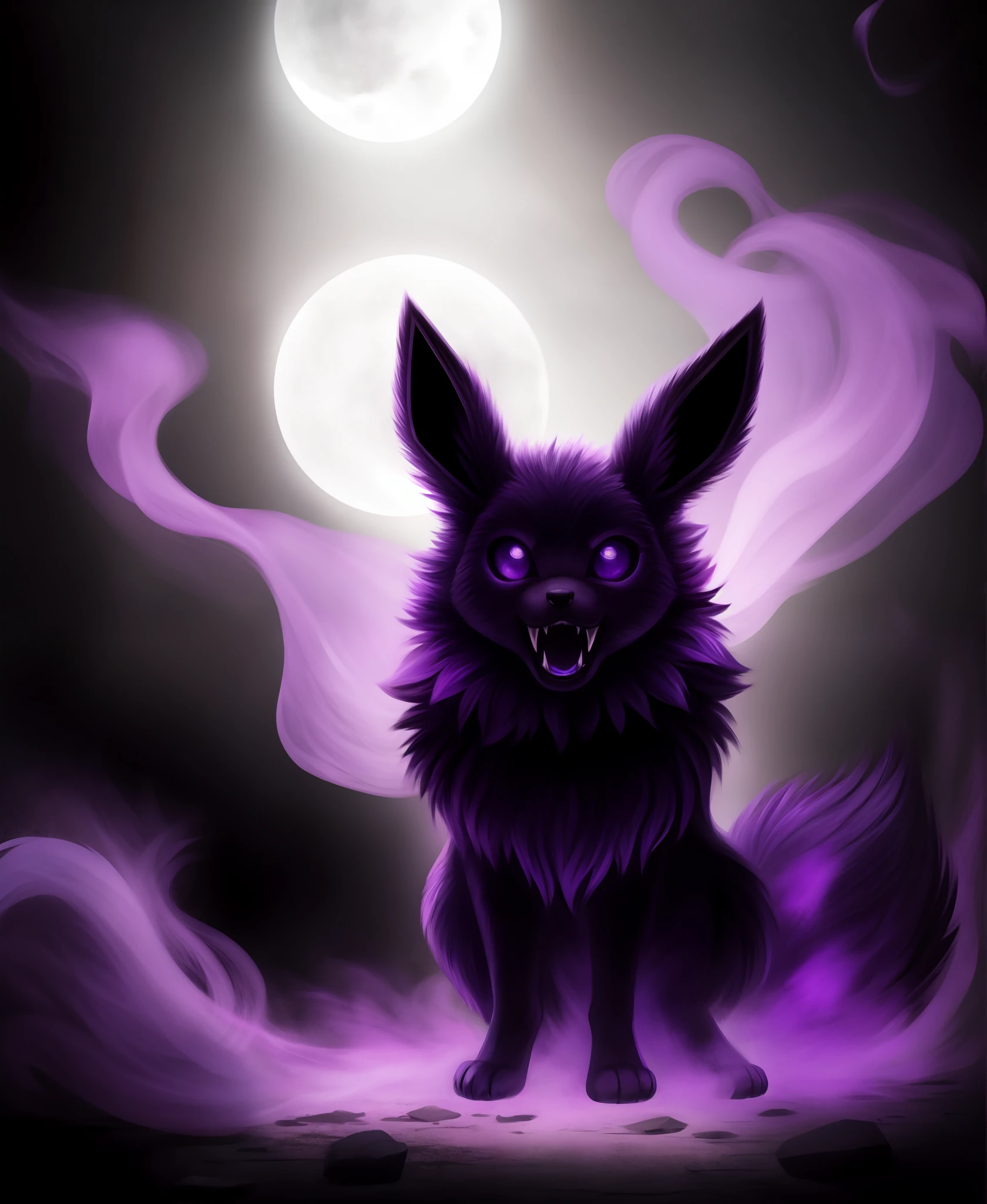 Eevee, ebony black, fangs, ghostly violet and purple aura, spooky, nightmare, masterpiece, best quality