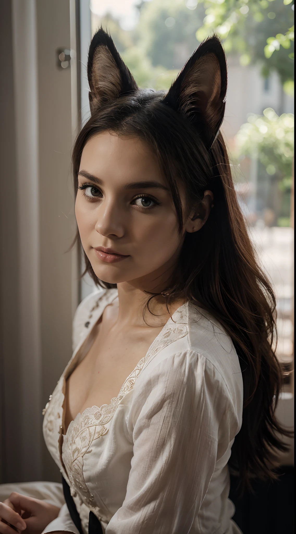 Femme chat, Influenceur Instagram, Canon R5, Ressort 85mm, photo shoot, profondeur de champ, Intricate and incredibly detailed, Hyper maximaliste, elegant, hyper realistic, super detailed, pose dynamique, centered, photographie, natural light, dynamique, highly detailed, mise au point nette. Vetue de noir avec de belles oreilles de chat. Fond de la photo noir