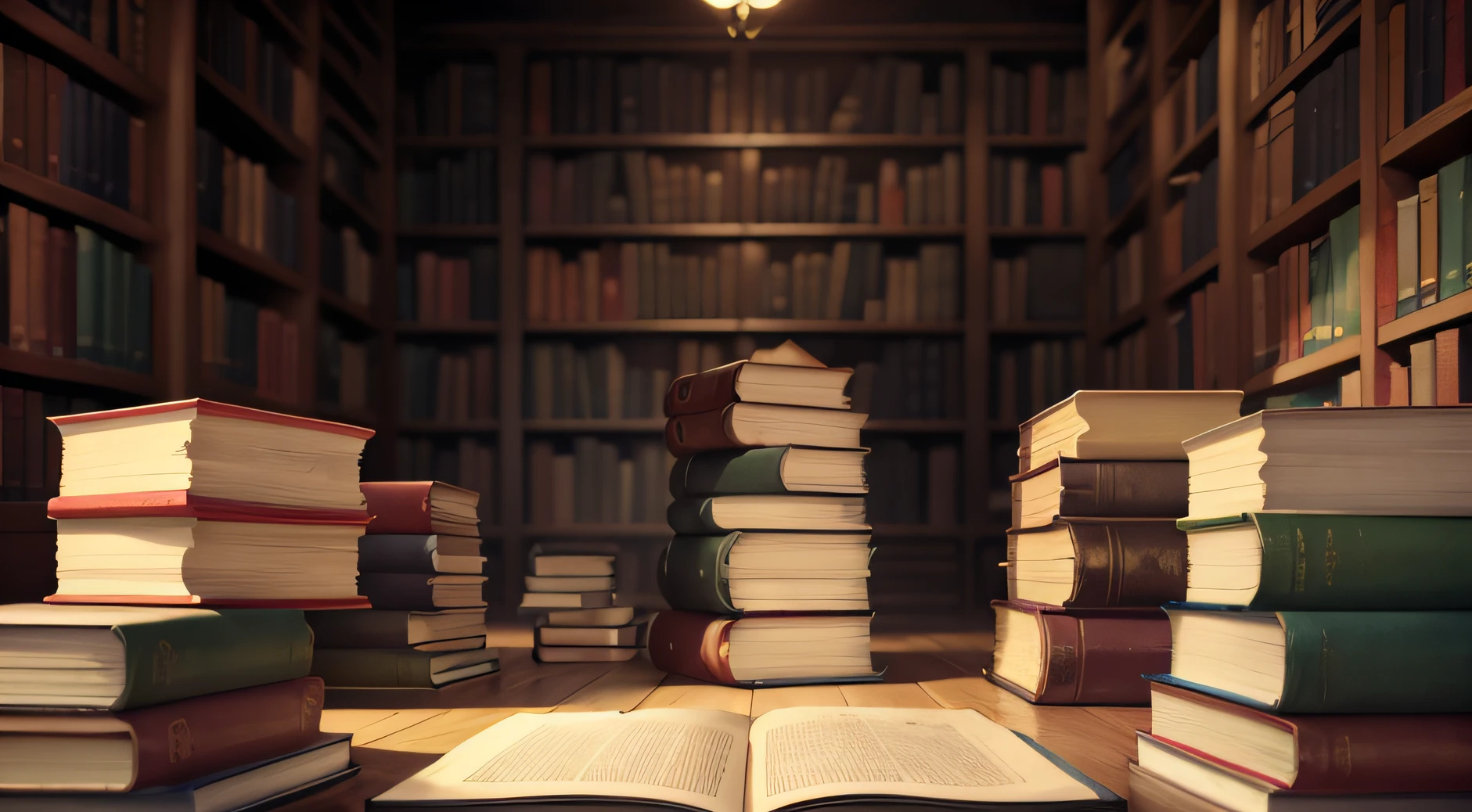 Library of Dark Fantasy Worlds　interiors　With the sunset in the background　Bookshelves as the main focus