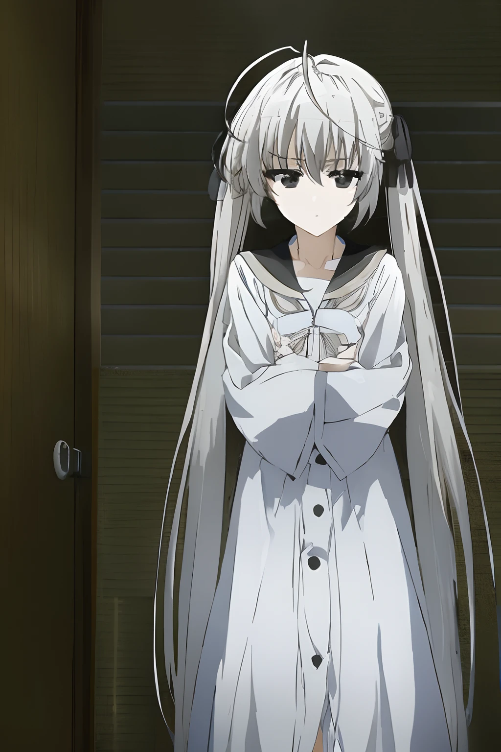 sorakasugano, sora kasugano, ahoge, (black eyes:1.5), hair between eyes, hair ribbon, long hair, twintails, black ribbon, simple white night gown with collar, white hair, (flat chest:1.2), BREAK, grey ribbons, long sleeves,, serafuku, white sailor collar, white serafuku, BREAK looking at viewer, BREAK indoors, BREAK (masterpiece:1.2), best quality, high resolution, unity 8k wallpaper, (illustration:0.8), (beautiful detailed eyes:1.6), extremely detailed face, perfect lighting, extremely detailed CG, (perfect hands, perfect anatomy), ((standing)), ((hugging self))