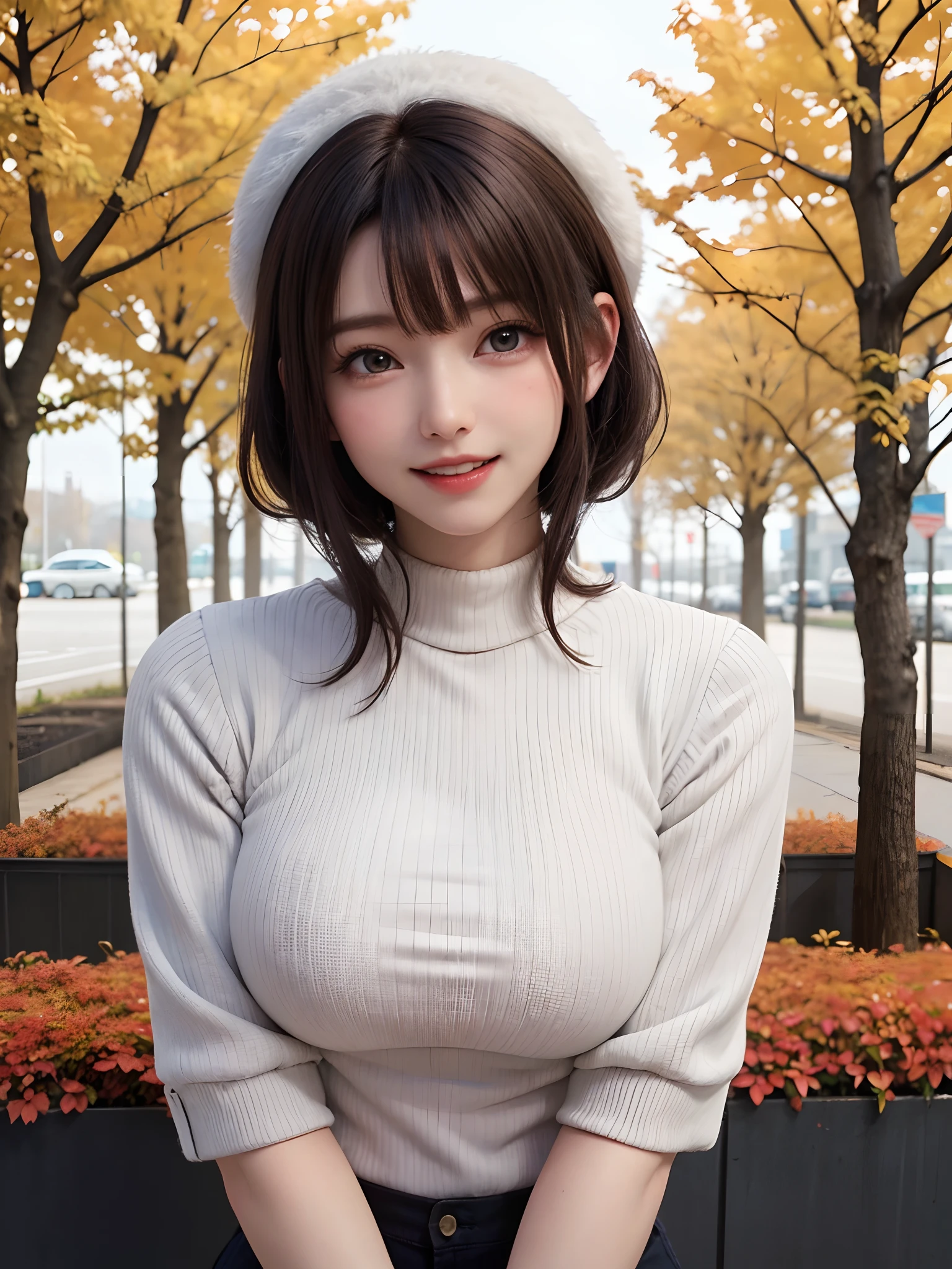 (masutepiece:1.4, top-quality、Very attractive adult beauty with a very cute smile:1.4、Add intense highlights to the eyes:1.4、Look firmly at the camera、Beautiful woman full of adult charm:1.4),1girl in, 独奏, Light brown shiny hair, muffler,Santa Claus hat:1.4,realisitic, looking at the viewers, Bright colored crystal light blue eyes:1.4, short shiny hair, Santa Claus Starneck Knit、 Red and white costume of Santa Claus in turtleneck with round hole in the center of the chest:1.4,Sexy red and blue turtleneck knit sweater with round hole in the center of chest:1.4、 s lips, lipgloss:1.4，bangss, The upper part of the body、big eye、Lashes、The face is a little red:1.4、Embarrassing)、((Canadian tree-lined avenues in autumn:1.4))、((Shorthair with bangs、big eye、Put very strong highlights in your students:1.4、{Gigantic|Big|Huge|Mega} breasts:1.4、very Bigger breasts、gazing at viewer、Very beautiful beauty、Put your ears out:1.4、long neck:1.4、little smiling、Beautiful teeth、Open your mouth and smile:1.4))、28 year old:1.4、Very cute supermodel:1.4、