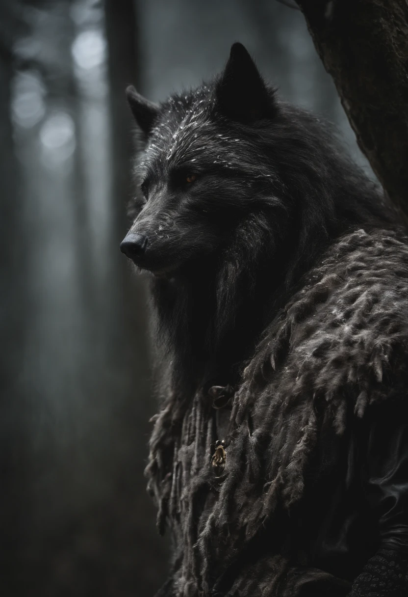 Weiblicher Werwolf, Lobo Anthro, Weibliche Eigenschaft hervorheben, large bust, large rear, Haariger Schwanz, Weiches Fell, Dunkelgraue Farbe, gelbe Augen, fangs, Zerfetzte Kleidung, Klauen, Halskette am Hals, Langer Mantel, Blutige Klauen, Blick auf den Betrachter, mad, Durchdringender Blick, Nocturnal background, Vollmond.