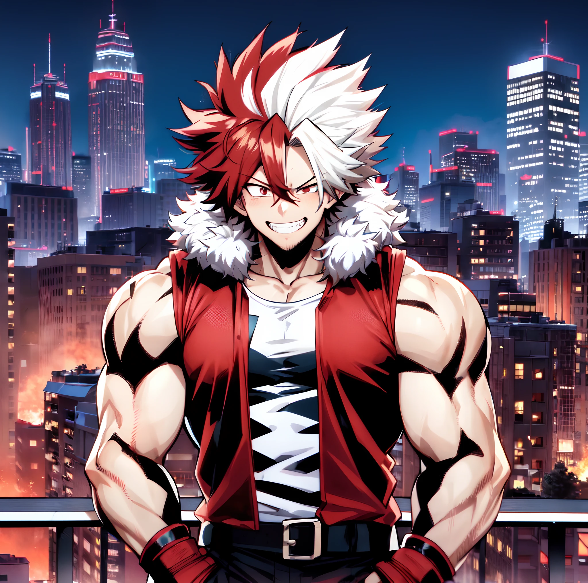 horikoshi kouhei, masculine muscular young man, absurdres, red and white long curly fuzzy hair, City background, boku no hero academia, chama kou, highres, muscular male focus, muscular male, red eyes, sleeveless, grinning, smirking.