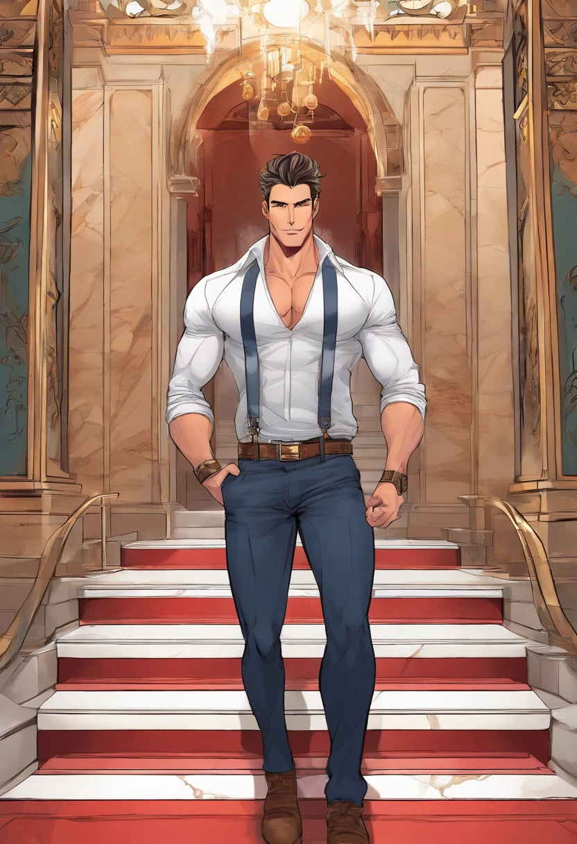 handsome young hunk, stubble, red velvet royal tailcoat, standing in a bright gothic marble grand hall, giant staircase behind him, white marble floor, exposed muscular chest, (frenulum:1.1), (glands), (best quality), (masterpiece), vivid colors, pubic hair, huge erect penis, beautiful penis ,veiny penis, highly detailed, intricate, Seductive smile, Optimistic, looking at viewers, barefoot, detailed feet, bulge, muscular calves, photorealistic