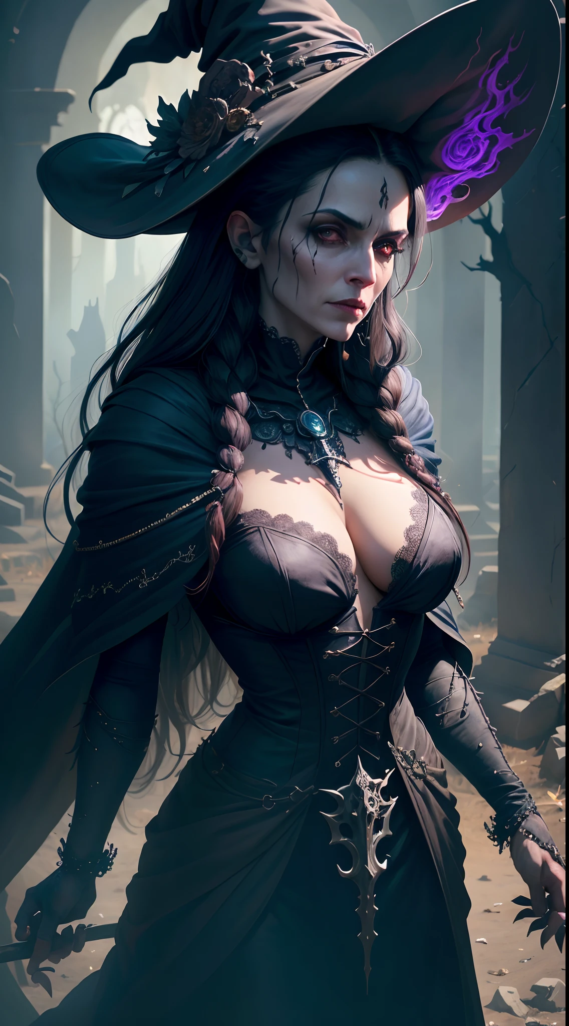 "A highly detailed and intense depiction of a terrifying necromancer witch, Medium shot and dramatically captured on an ultra-detailed 8K wallpaper, mostrando una complejidad intrincada".