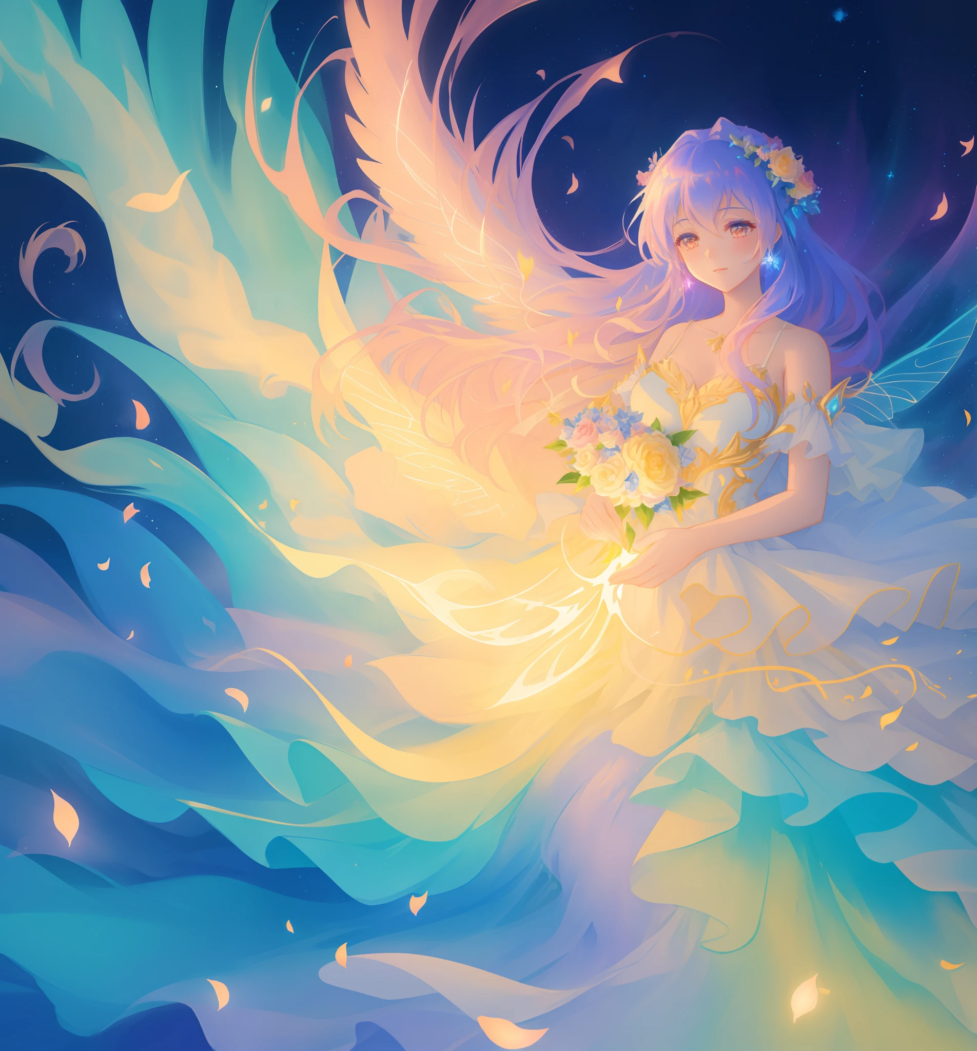 beautiful girl in flowing ballgown dress, (glowing fairy wings), glowing flowing ballgown, long wavy hair, sparkling fairy wings, watercolor illustration, flowers and colorful plants, inspired by Glen Keane, inspired by Lois van Baarle, disney art style, by Lois van Baarle, glowing aura around her, by Glen Keane, jen bartel, glowing lights! digital painting, flowing glowing hair, glowing flowing hair, beautiful digital illustration, fantasia otherworldly landscape plants flowers, beautiful, masterpiece, best quality, anime disney style