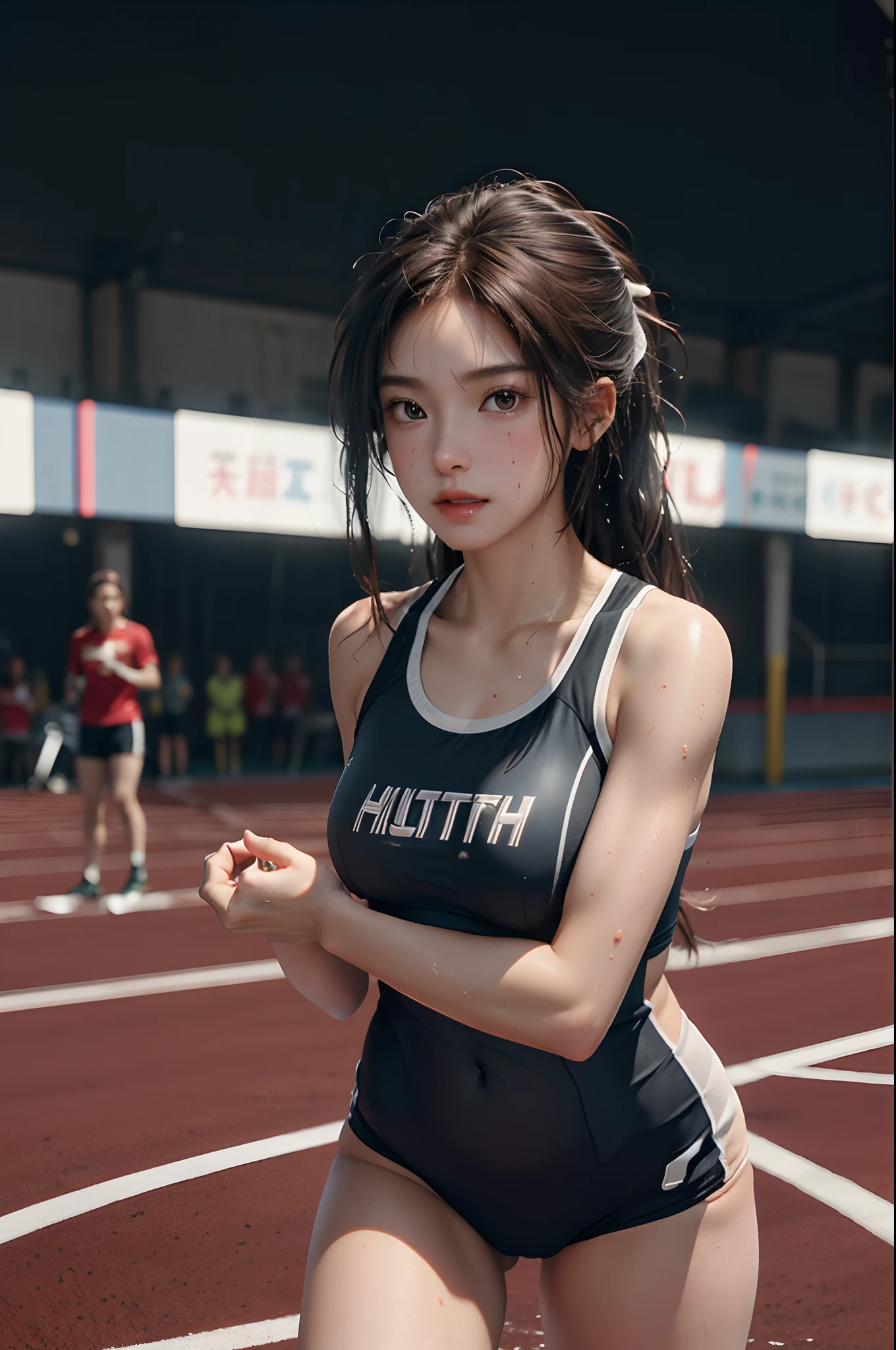 (Best Quality,8K,hight resolution,masuter piece:1.2),Ultra-detailed,Realistic:1.37,Portrait,Dynamic Angle,(girl track and field athlete) ,Teenage girl,small head,Cute,Sporty,Charming face,Detailed beauty face,Very realistic skin,Wet skin,Sweat,Large breasts,nice legs ,Sporty,track and field　,Cinematic lighting,