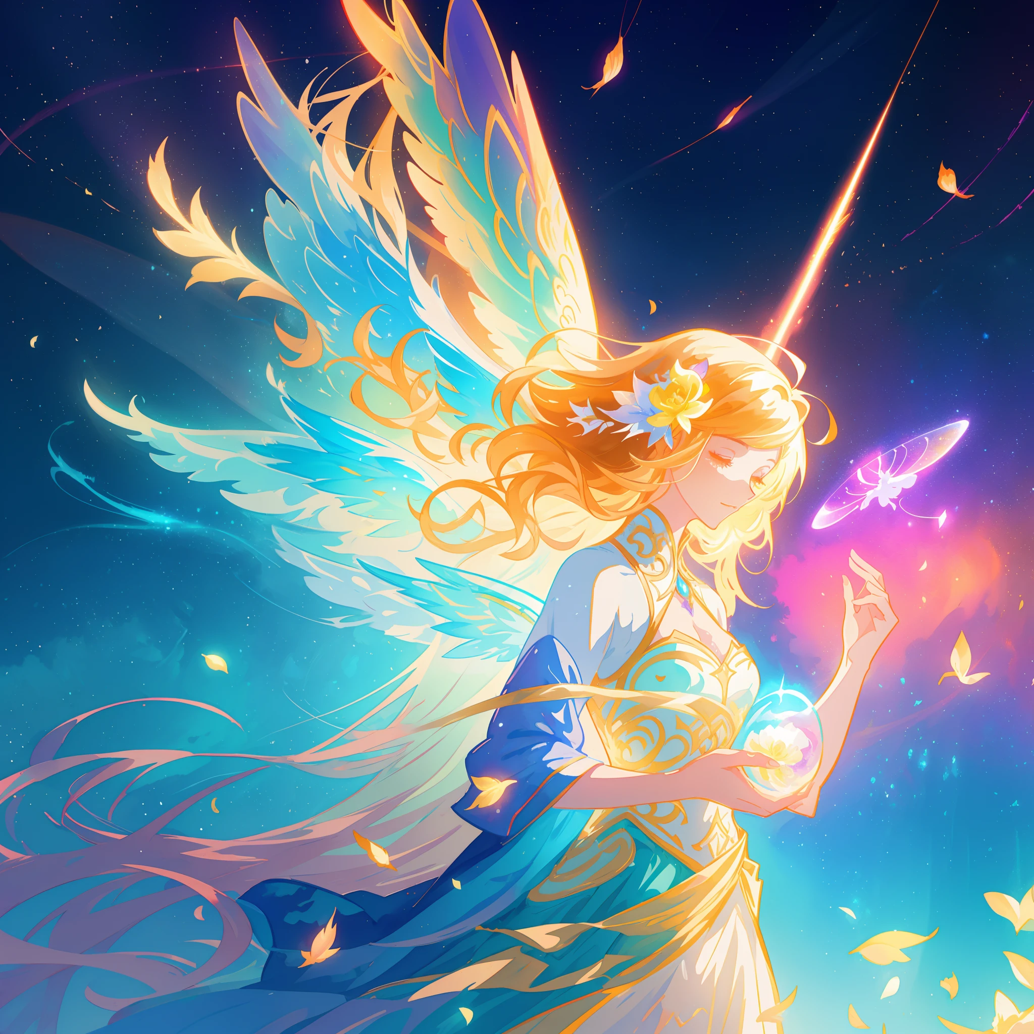 beautiful girl in flowing ballgown dress, (glowing fairy wings), glowing flowing ballgown, long wavy hair, sparkling fairy wings, watercolor illustration, flowers and colorful plants, inspired by Glen Keane, inspired by Lois van Baarle, disney art style, by Lois van Baarle, glowing aura around her, by Glen Keane, jen bartel, glowing lights! digital painting, flowing glowing hair, glowing flowing hair, beautiful digital illustration, fantasia otherworldly landscape plants flowers, beautiful, masterpiece, best quality, anime disney style