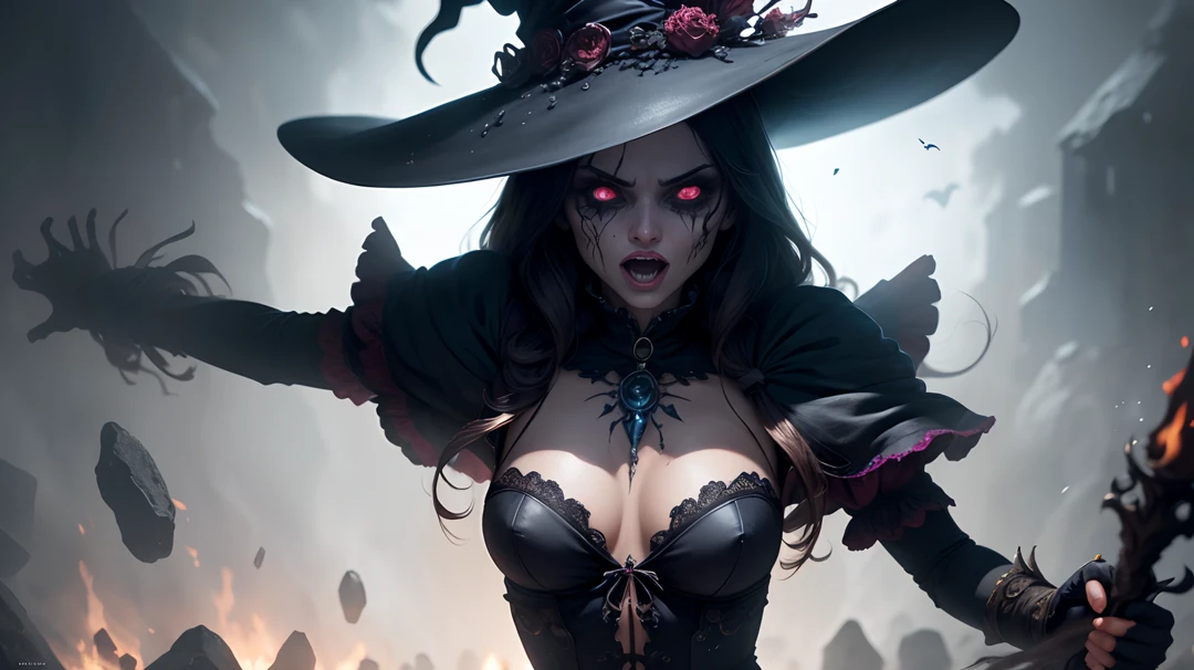 "A highly detailed and intense depiction of a terrifying necromancer witch, Mid-shot and dramatically captured on ultra-detailed 8K wallpaper, mostrando una complejidad intrincada".