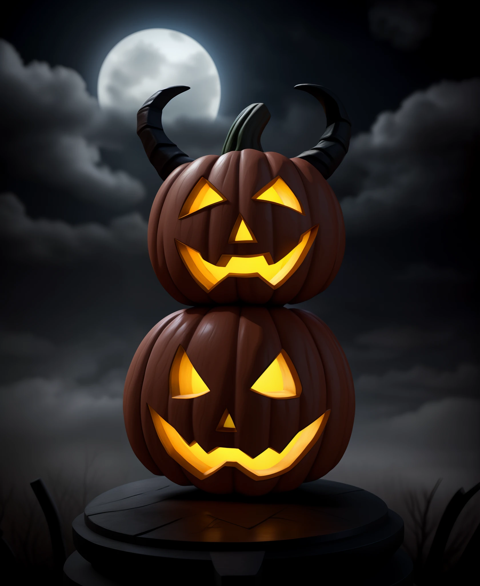 (masterpiece, best quality:1.1), (claysculpt:1.12), solo, jack-o'-lantern, halloween, spooky, clouds, night, horns, blender \(medium\)