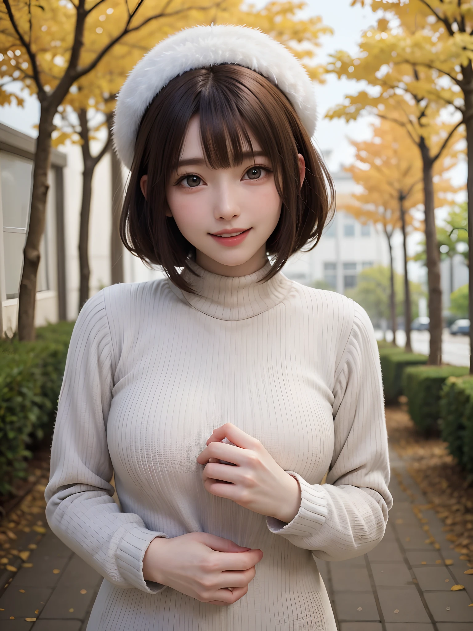 (masutepiece:1.4, top-quality、Very attractive adult beauty with a very cute smile:1.4、Add intense highlights to the eyes:1.4、Look firmly at the camera、Beautiful woman full of adult charm:1.4),1girl in, 独奏, Light brown shiny hair, muffler,Santa Claus hat:1.4,realisitic, looking at the viewers, Bright colored crystal light blue eyes:1.4, short shiny hair, Santa Claus Starneck Knit、 Red and white costume of Santa Claus in turtleneck with round hole in the center of the chest:1.4,Sexy red and blue turtleneck knit sweater with round hole in the center of chest:1.4、 s lips, lipgloss:1.4，bangss, The upper part of the body、big eye、Lashes、The face is a little red:1.4、Embarrassing)、((Canadian tree-lined avenues in autumn:1.4))、((Shorthair with bangs、big eye、Put very strong highlights in your students:1.4、{Gigantic|Big|Huge|Mega} breasts:1.4、very Bigger breasts、gazing at viewer、Very beautiful beauty、Put your ears out:1.4、long neck:1.4、little smiling、Beautiful teeth、Open your mouth and smile:1.4))、28 year old:1.4、Very cute supermodel:1.4、