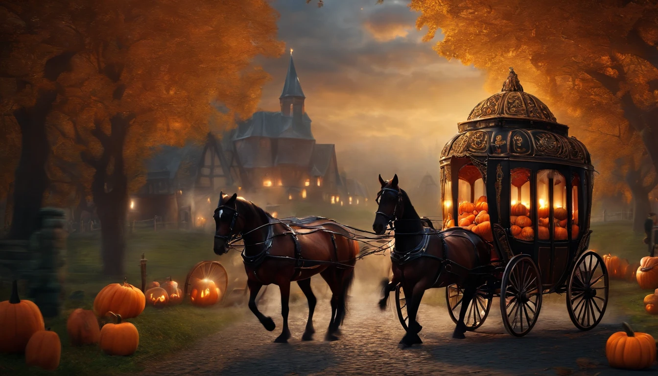 A pumpkin-shaped carriage with horses run through the village, fantasy village background, detailed object, highly detailed, lots of detail, dynamic composition, aesthetic art, detailed photorealistic painting by irakli nadar, hyperrealism, brandon woelfel, moody cinematic lighting, dark moody backlighting, movie scenes style, moody atmospheric, medium shot, dynamic angle, 500px photography