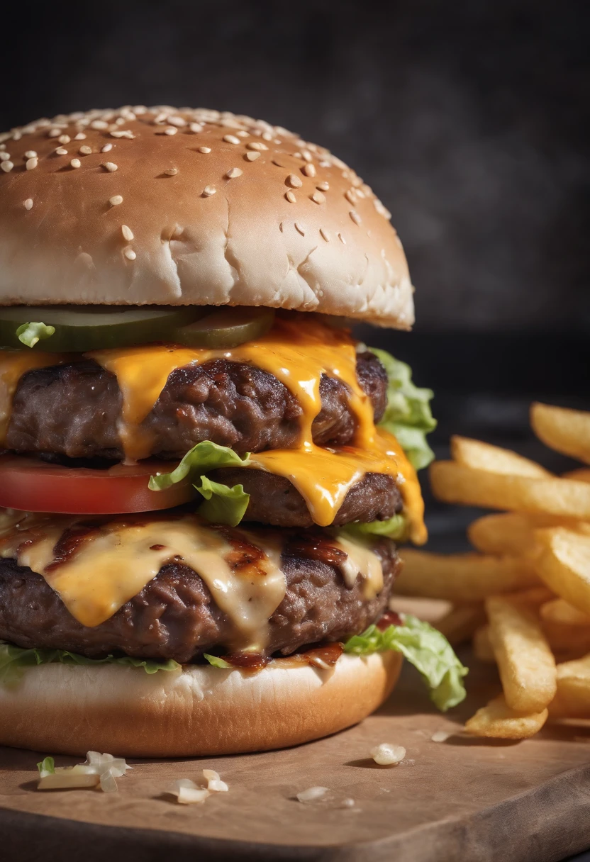 A burger falling in pieces juicy, tasty, hot, promotional photo, intricate details, hdr, cinematic, adobe lightroom, highly detailed