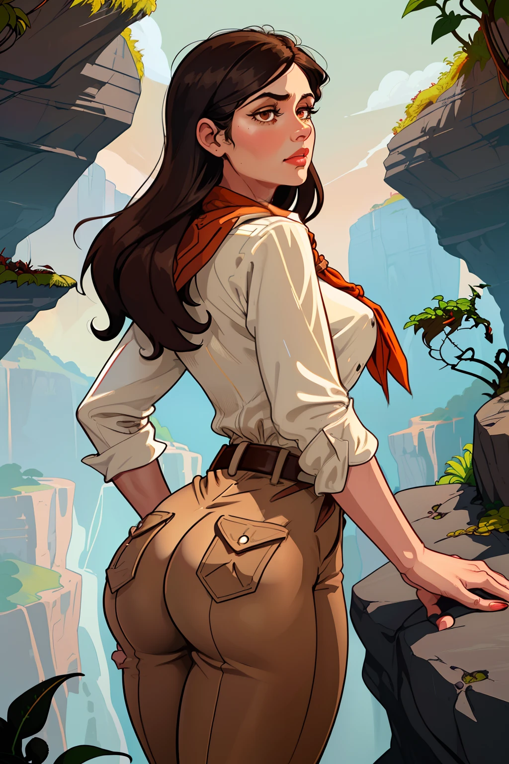 Denise, tan skin, dark hair, long hair, white button shirt with pinstripes, red neckerchief, brown pants, rock climbing, hands grasping cliff side, vines, plants, big butt, wide hips, revolver strapped to hip, 1920s adventurer