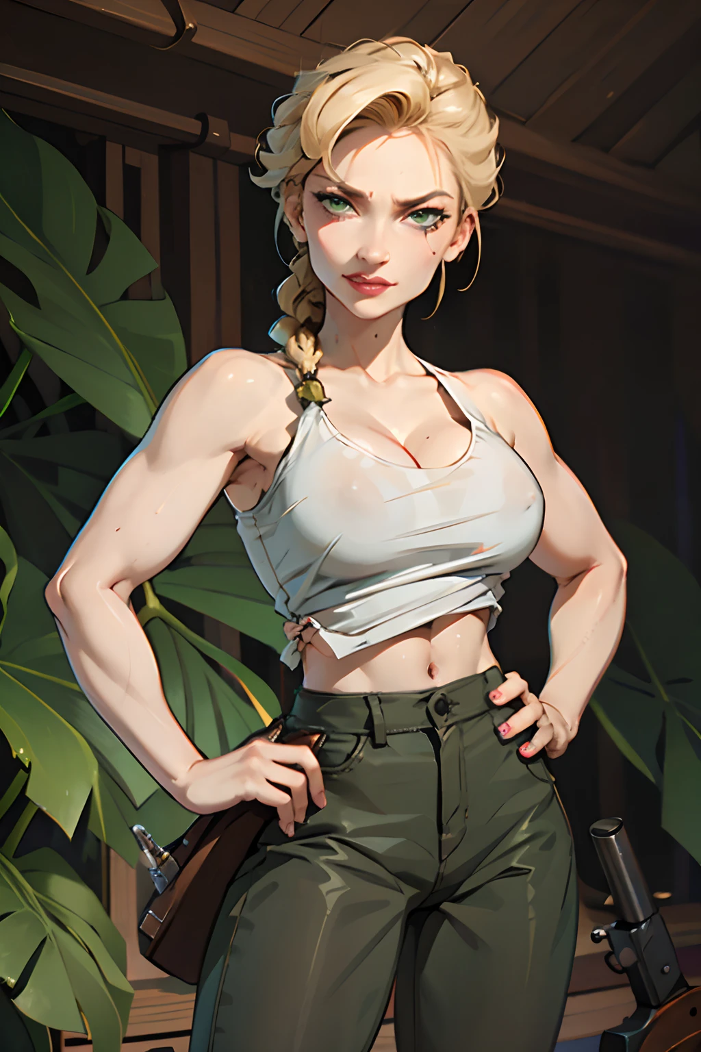 Denise, with helga's hair, evil smirk, blonde hair in braided ponytail, white tank top, cleavage, green pants, old-fashioned pistol in hand, underground cave, wet, nipple bumps