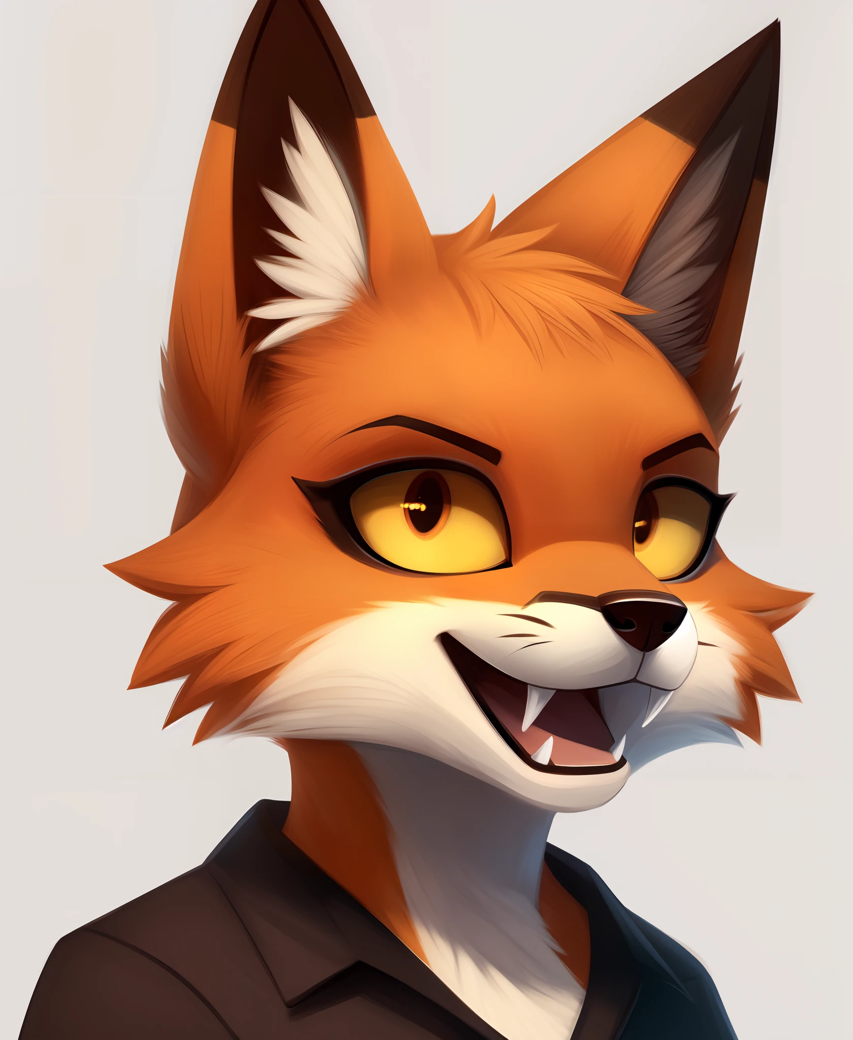 hi res, absurd res, solo, fangs, fox, furry, furry female, no humans, orange fur, pappy, simple background, solo, two-tone fur, white fur, yellow eyes, yellow sclera,