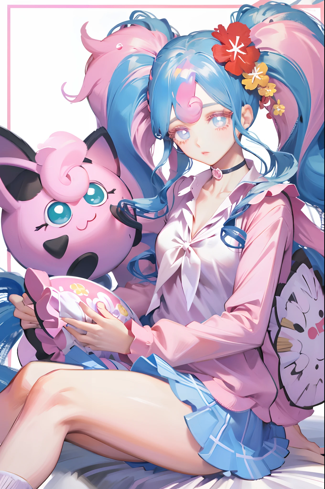 fearimiku, twintails, blue hair, hair flower, pink eyelashes, blue eyes, skirt, loose socks, shirt, pink nails, choker, holding pillow, proportionate body, wide hips, small breasts, sitting down, regular fingers