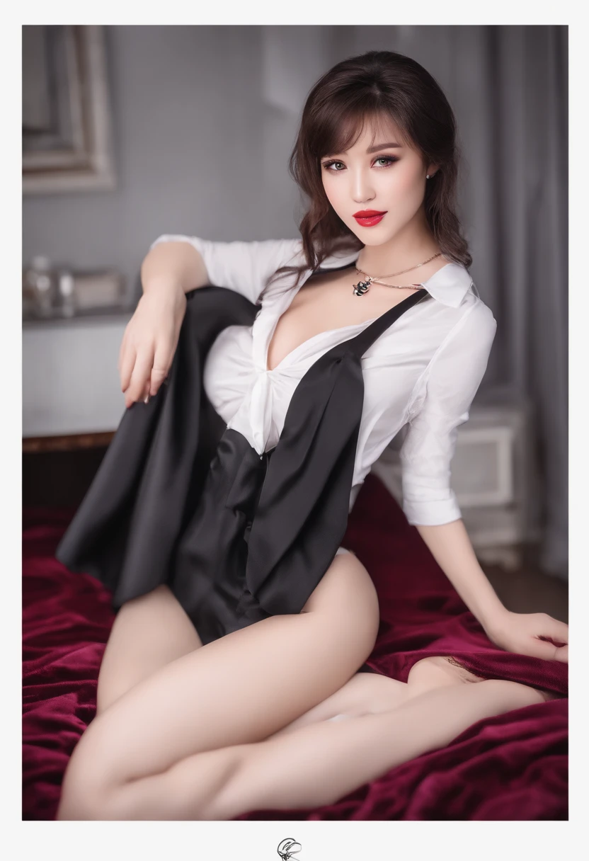 nsfw, 8K raw photo, Best quality, masterpiece, ultra high res, film grain, filmg, 1girl, looking at viewer, natural skin texture, realistic eye and face details, full lips, lipstick, (makeup), red eyeshadow, fluffy short hair, black hair, smile, close mouth, beautiful legs, tall female, skinny, slim_legs, solo, enormous breast, cleavage, Pose with buttocks facing you, purple g-string, ass, shirt, bedroom, (detailed background), white shirt, enormous breast, cleavage, Show a little cleavage through the shirt, high heels black, blurry background, blurry, holding, plaid, short sleeves, jk ribbon on the neck, jk ribbon, black hair, bracelet, water, purple lingerie, jewelry, parted lips, lips, from side, pleated skirt, depth of field, laying in bed, posed on hand and knees, nice ass