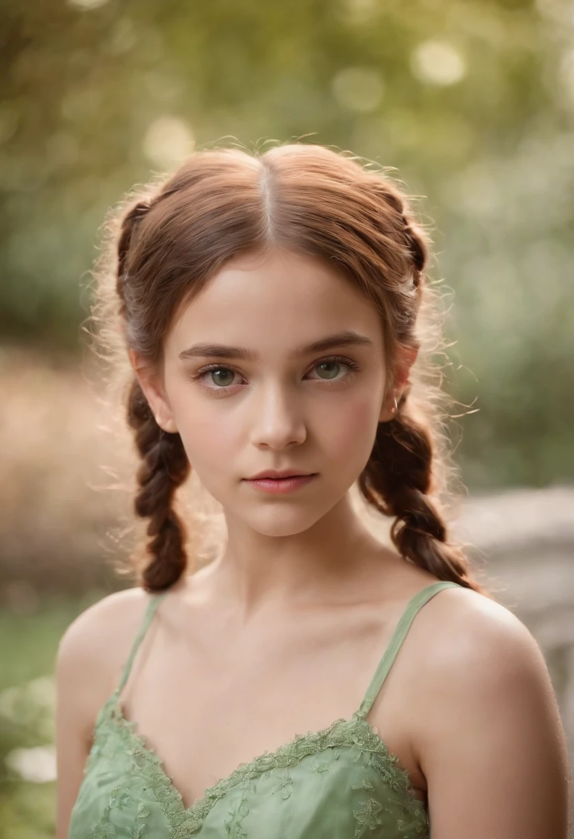 Menina de 13 anos, cabelo laranja com pigtails grande e franja, olhos verdes, pele branca com um vestido rosa