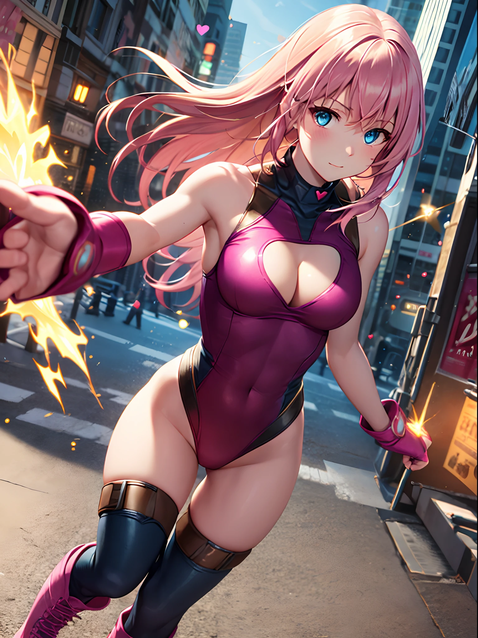 masterpiece, best quality, hires, 1girl, solo, leotard, bare legs, matching boots, sleeveless, looking at the viewer, city backdrop, perfect hands, perfect eyes, perfect leotard, perfect legs, perfect arms, perfect fingers, perfect anatomy, medium breasts, magenta pink leotard, pink leotard, blonde hair, long hair, knee boots, blue eyes, heart cutout, cute face, hair down, bangs, sleeveless, pink gloves, pink footwear, cleavage cutout, superhero, solo, single, standing, using her powers, body infused with energy, heroic, cowboy shot
