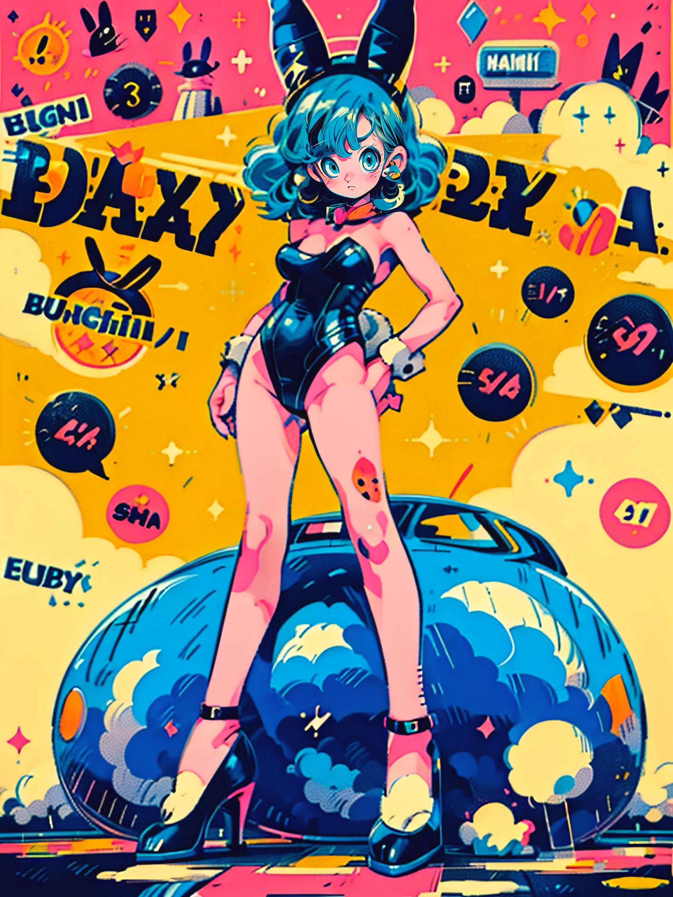1girl, solo, (masterpiece), best quality, ultra-detailed, Akira Toriyama style, Bulma from Dragon Ball, Retro style, full body. (playboy bunny:1.5), black leotard, fancy, fishnet stockings