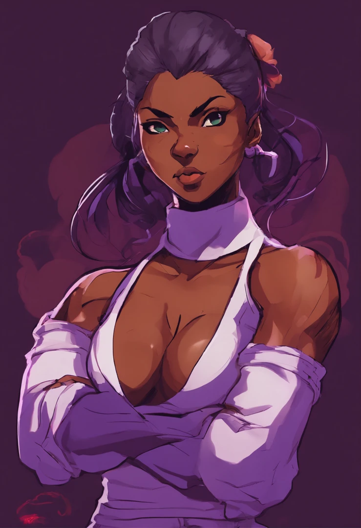 Personagem garota de anime, dark skin, pele morena, olhos roxos, cabelo roxo escuro com roupa de reversed bunnysuit
