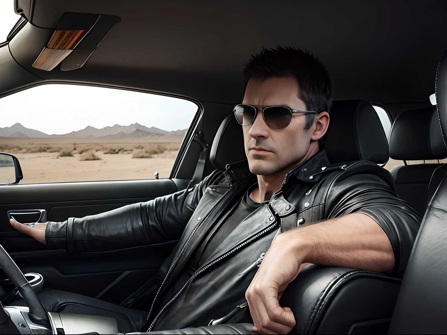 Mad max in his black Ford Falcon Interceptor V8 carries a shotgun in his right hand leather jacket