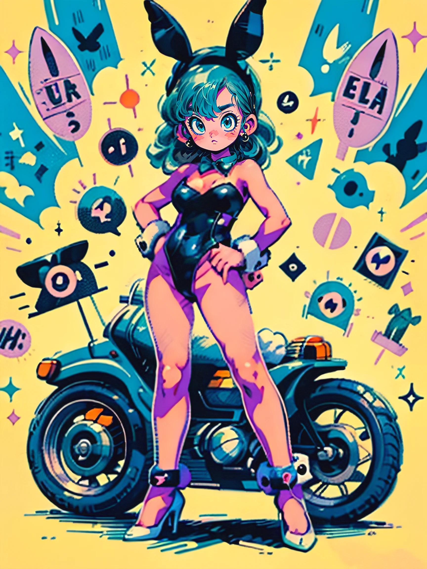 1girl, solo, (masterpiece), best quality, ultra-detailed, Akira Toriyama style, Bulma from Dragon Ball, Retro style, full body. (playboy bunny:1.5), black leotard, fancy, fishnet stockings