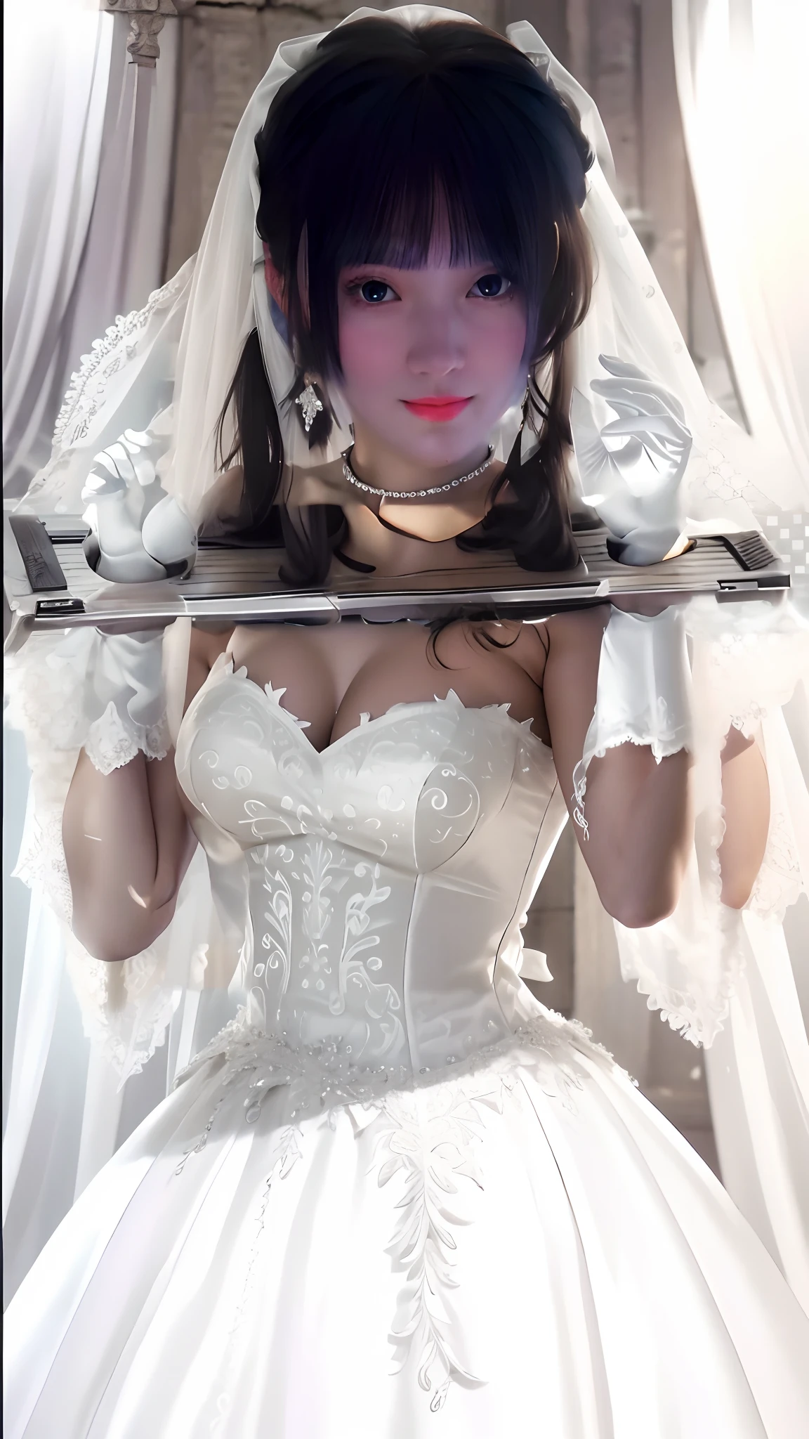 Close-up of a beautiful bride in a beautiful wedding dress, Gurvetz,（ pillory：1.5）, Flail on the head, Flail on the hands, Flail,(Bridal veil: 1.5), (Short transparent veil: 1.5), Flushed face, Head flower, head gear, (Tubular wedding dress: 1.5), (Silk dress: 1.2 ), (Strapless wedding dress: 1.5), Pure white dress, necklace, Earrings, (Huge breasts: 1.3), Deep V heart collar wedding dress, bangs, lipstick, (Lace gloves: 1.3), Full body photo, High detail RAW color art, a white long skirt, Whole body, with hands behind her back, and floor-length skirts,