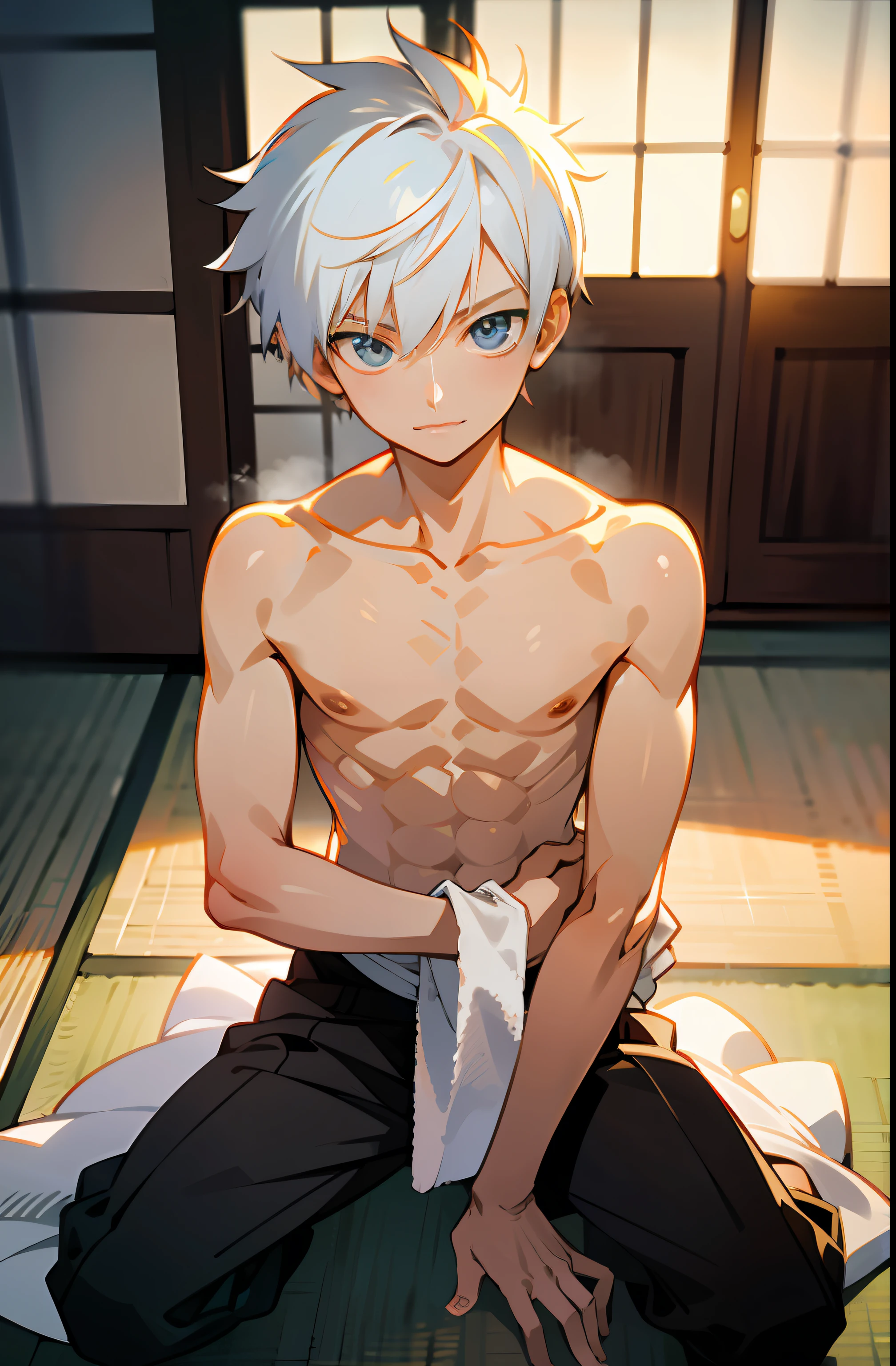 masterpiece, best quality, high quality,  1boy,10yo, , duo, male focus, full body, looking at viewer, white hair,spiky hairstyle, short hair, steam smork, japan style,  anime coloring, shy, home muji style, detailed face, topless, white towel on waist,white silk, sit on tatami