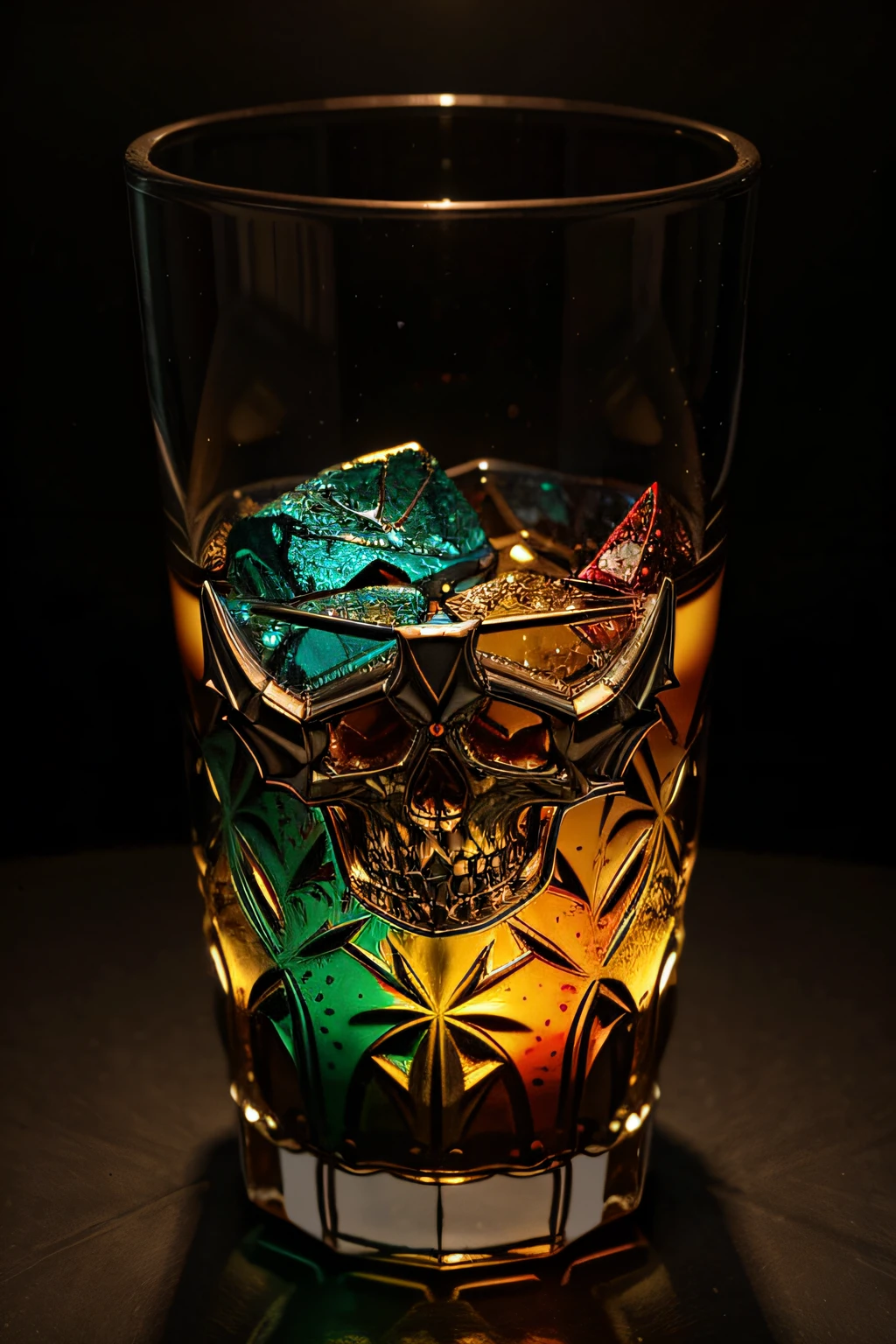 (best quality，4k，8k，highres，masterpiece:1.2)，ultra-detailed，(realistic，photorealistic，photo-realistic:1.37)，glass sculpture，skull-shaped，crystal-clear glass，fragile，elegant，fine details，master craftsmanship，exquisite design，highly intricate，delicate balance，translucent，reflective surface，subtle patterns，sublime artistry，metaphorical，mysterious fascination，play of light and shadow，ethereal vibe，hauntingly beautiful，pure aesthetics，sublime beauty，macabre elegance，luxurious feel，tactile texture，sublime balance，dark elegance，contrast between life and death，transparency，delicate crafting，polished edges，striking form，ceramic base，contrast between fragility and strength，unique charm，gothic allure，ghostly Skull Head Glass Cup，allure，epitome of artistry，impressive craftsmanship，marvelous masterpiece，majestic yet delicate，uniquely haunting，mesmerizingly eerie，exquisite resonance，embodying the enigmatic，artistic excellence，unveiling the mysteries of time,
