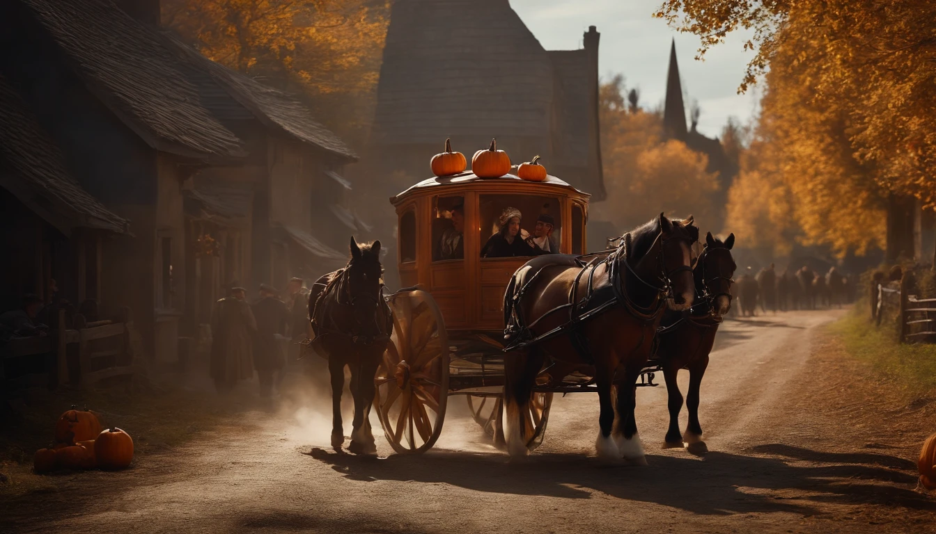 A carriage shaped like a pumpkin with horses run through the village, fantasy village background, detailed object, highly detailed, lots of detail, dynamic composition, aesthetic art, detailed photorealistic painting by irakli nadar, hyperrealism, brandon woelfel, moody cinematic lighting, dark moody backlighting, movie scenes style, moody atmospheric, medium shot, dynamic angle, 500px photography