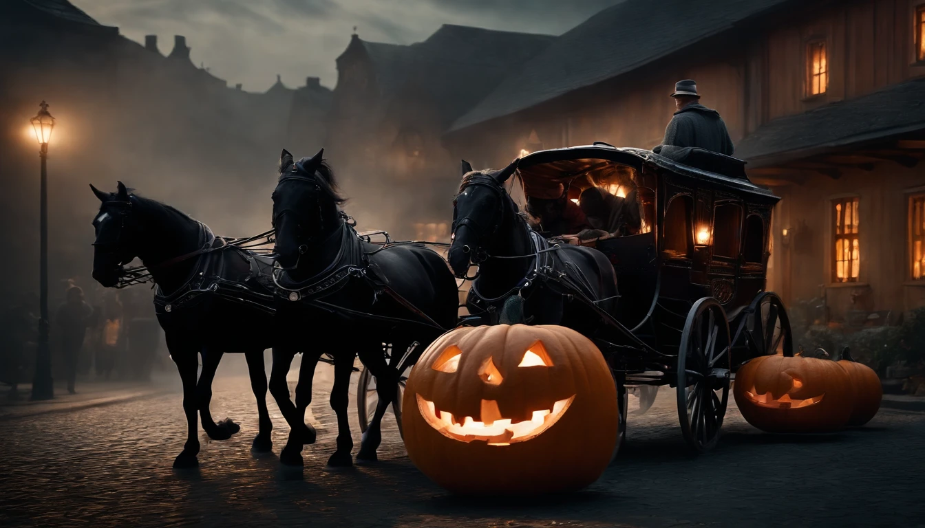 A carriage shaped like a pumpkin with horses run through the village, fantasy village background, detailed object, highly detailed, lots of detail, dynamic composition, aesthetic art, detailed photorealistic painting by irakli nadar, hyperrealism, brandon woelfel, moody cinematic lighting, dark moody backlighting, movie scenes style, moody atmospheric, medium shot, dynamic angle, 500px photography