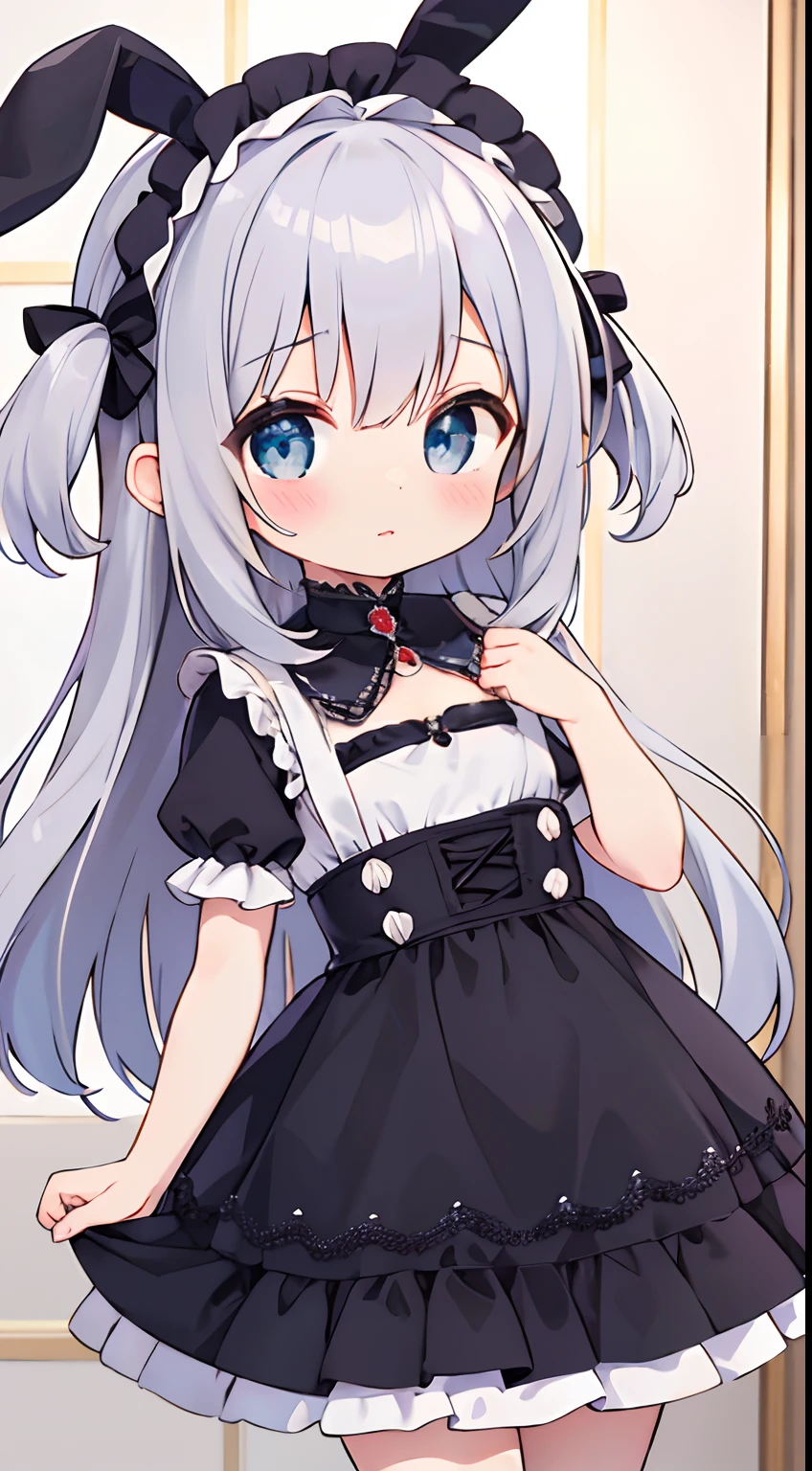 Solo focus, (****:1.3) (((little cute girl))), flat chest, rabbit girl, animal ear rabbit, BREAK, cute dress, Beautiful eyes, BREAK, (dress ****ta gothic), chain, necklace, (metalic luster:1.5), masterpiece, best quality, Beautiful Backgound