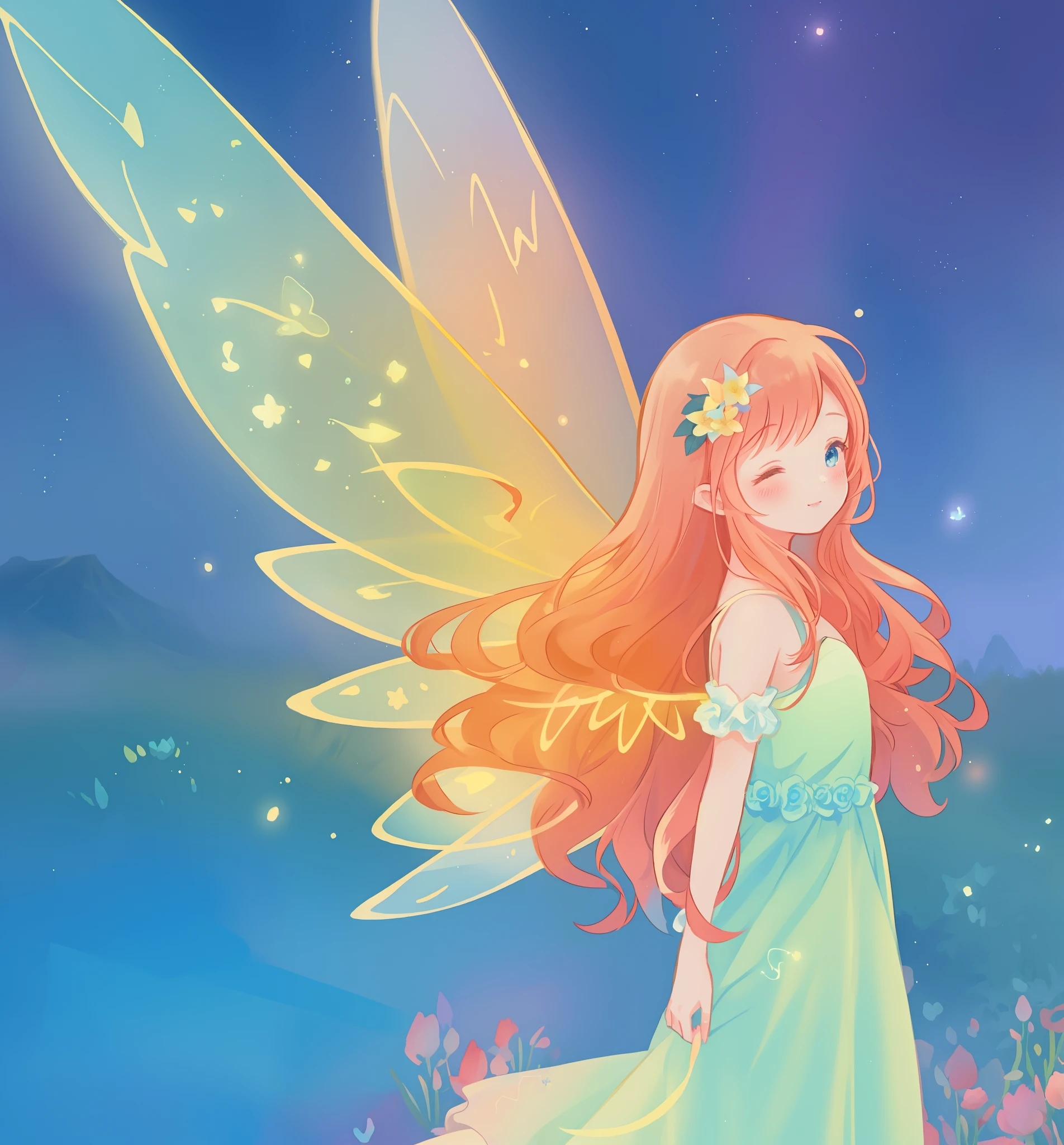 beautiful girl in flowing ballgown dress, (glowing fairy wings), glowing flowing ballgown, long wavy hair, sparkling fairy wings, watercolor illustration, flowers and colorful plants, inspired by Glen Keane, inspired by Lois van Baarle, disney art style, by Lois van Baarle, glowing aura around her, by Glen Keane, jen bartel, glowing lights! digital painting, flowing glowing hair, glowing flowing hair, beautiful digital illustration, fantasia otherworldly landscape plants flowers, beautiful, masterpiece, best quality, anime disney style