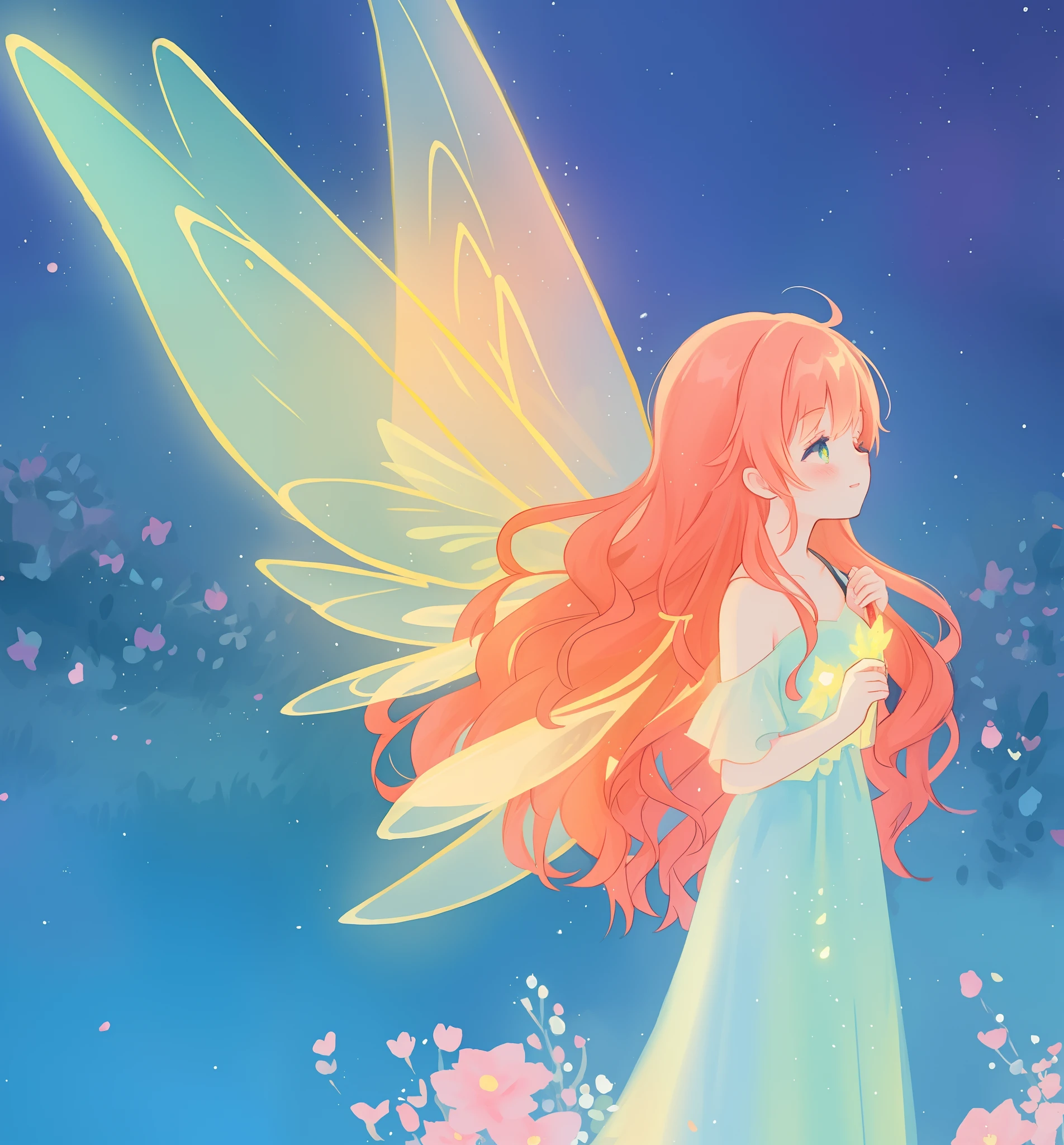 beautiful girl in flowing ballgown dress, (glowing fairy wings), glowing flowing ballgown, long wavy hair, sparkling fairy wings, watercolor illustration, flowers and colorful plants, inspired by Glen Keane, inspired by Lois van Baarle, disney art style, by Lois van Baarle, glowing aura around her, by Glen Keane, jen bartel, glowing lights! digital painting, flowing glowing hair, glowing flowing hair, beautiful digital illustration, fantasia otherworldly landscape plants flowers, beautiful, masterpiece, best quality, anime disney style