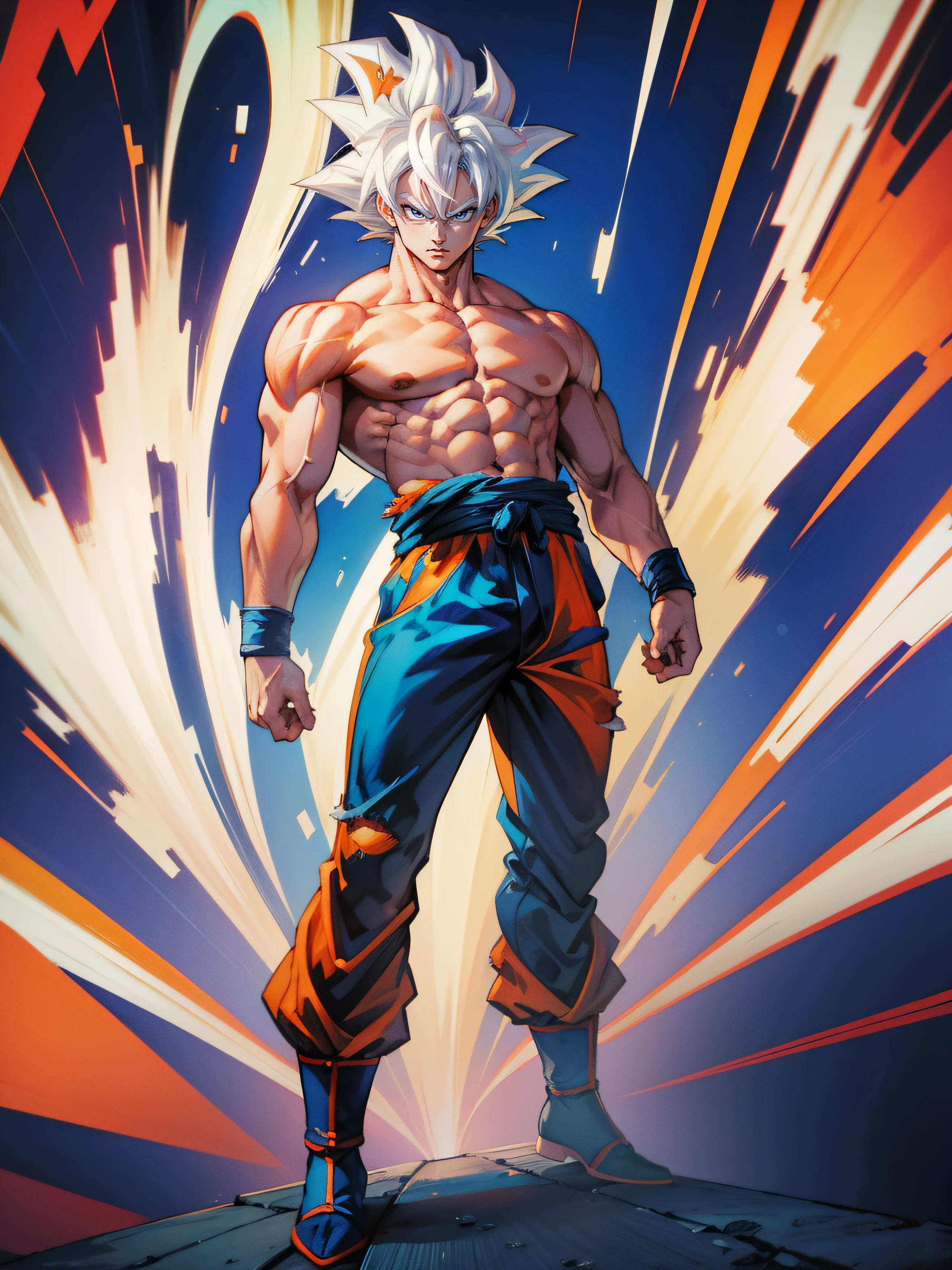 1man, solo, (masterpiece), best quality, ultra-detailed, Goku ultra instinct, Retro style, white hair, full body, topless, rotten shirt