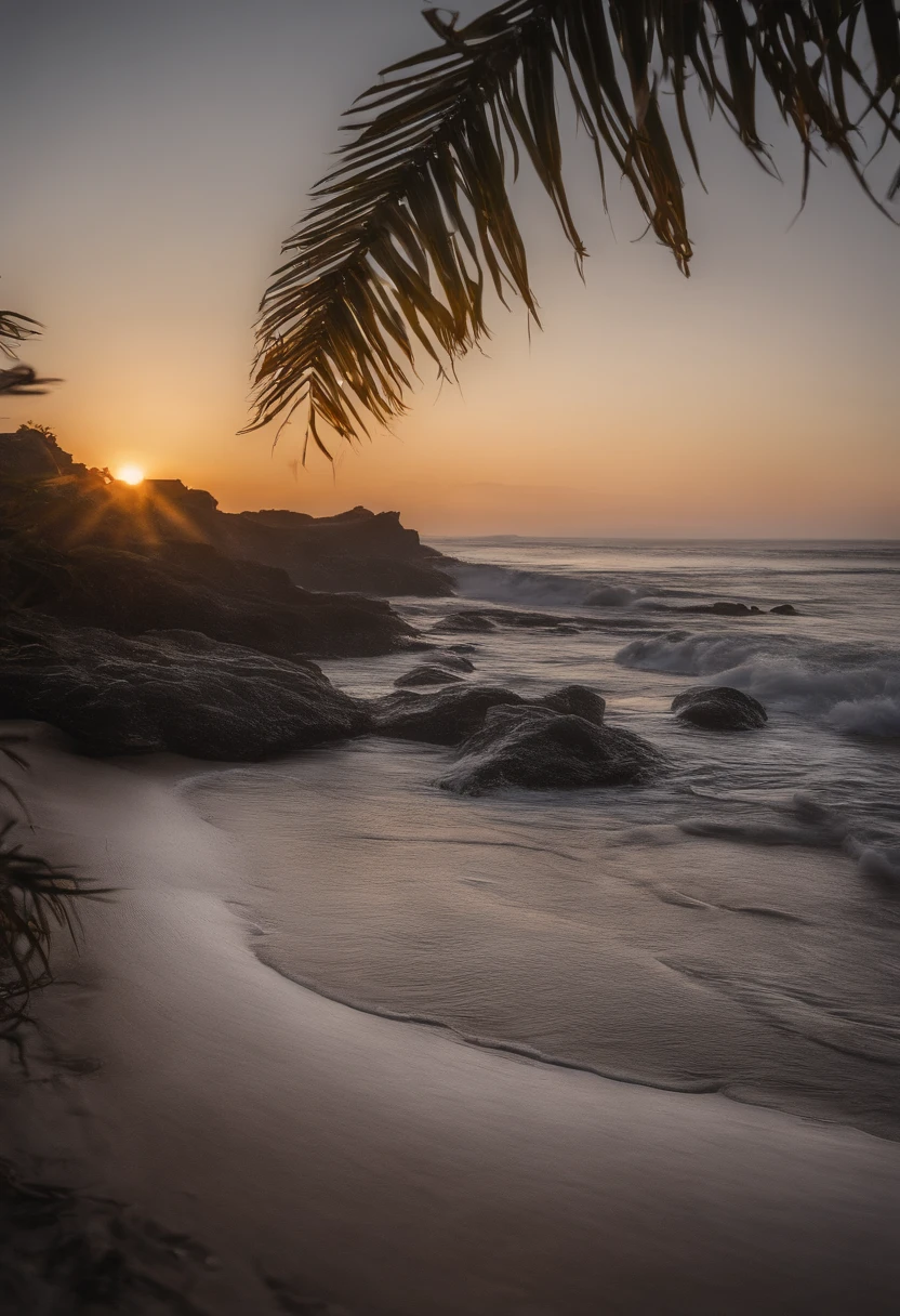 amanhecer em uma praia com belos coqueiros, cocos pela areia branca, Clear and crystal clear water, ondas suaves, hdr, cinemactic, adobe ligthroom, altamente detalhado
