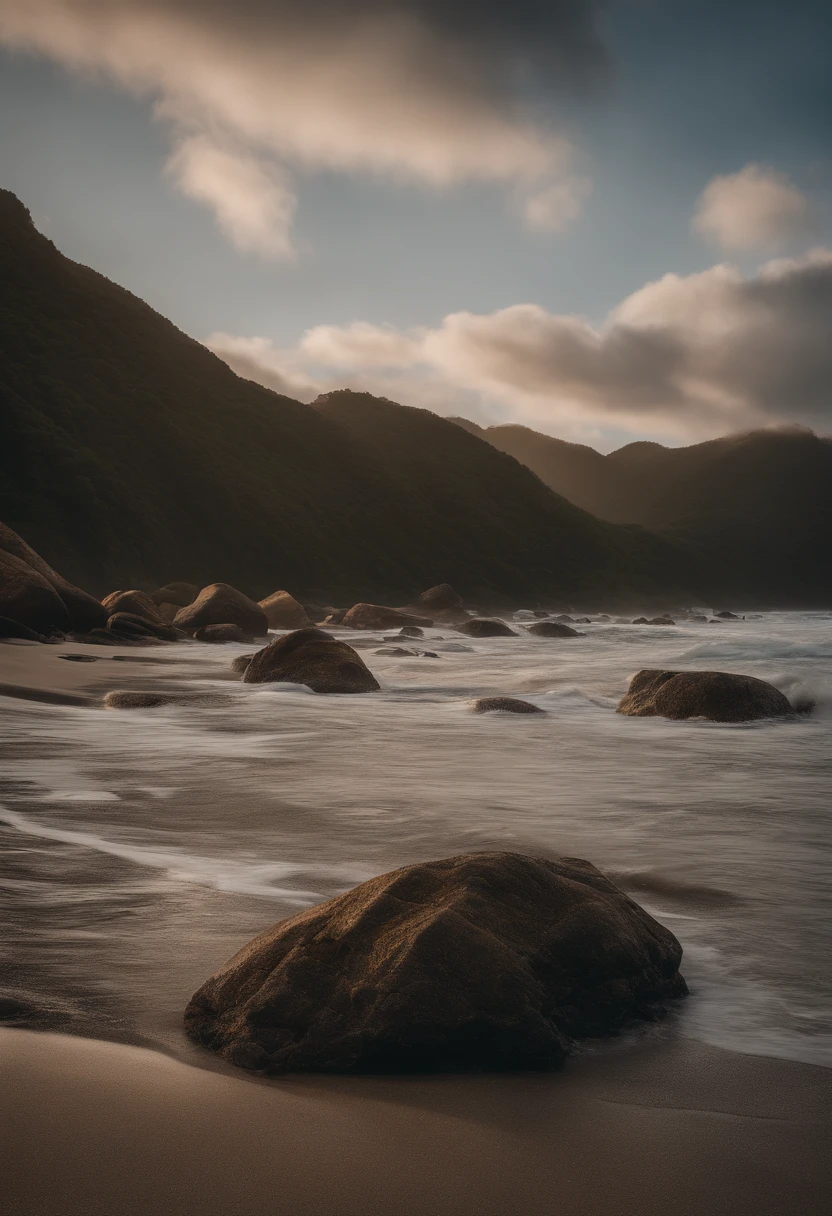 amanhecer em uma praia com belos coqueiros, cocos pela areia branca, Clear and crystal clear water, ondas suaves, hdr, cinemactic, adobe ligthroom, altamente detalhado